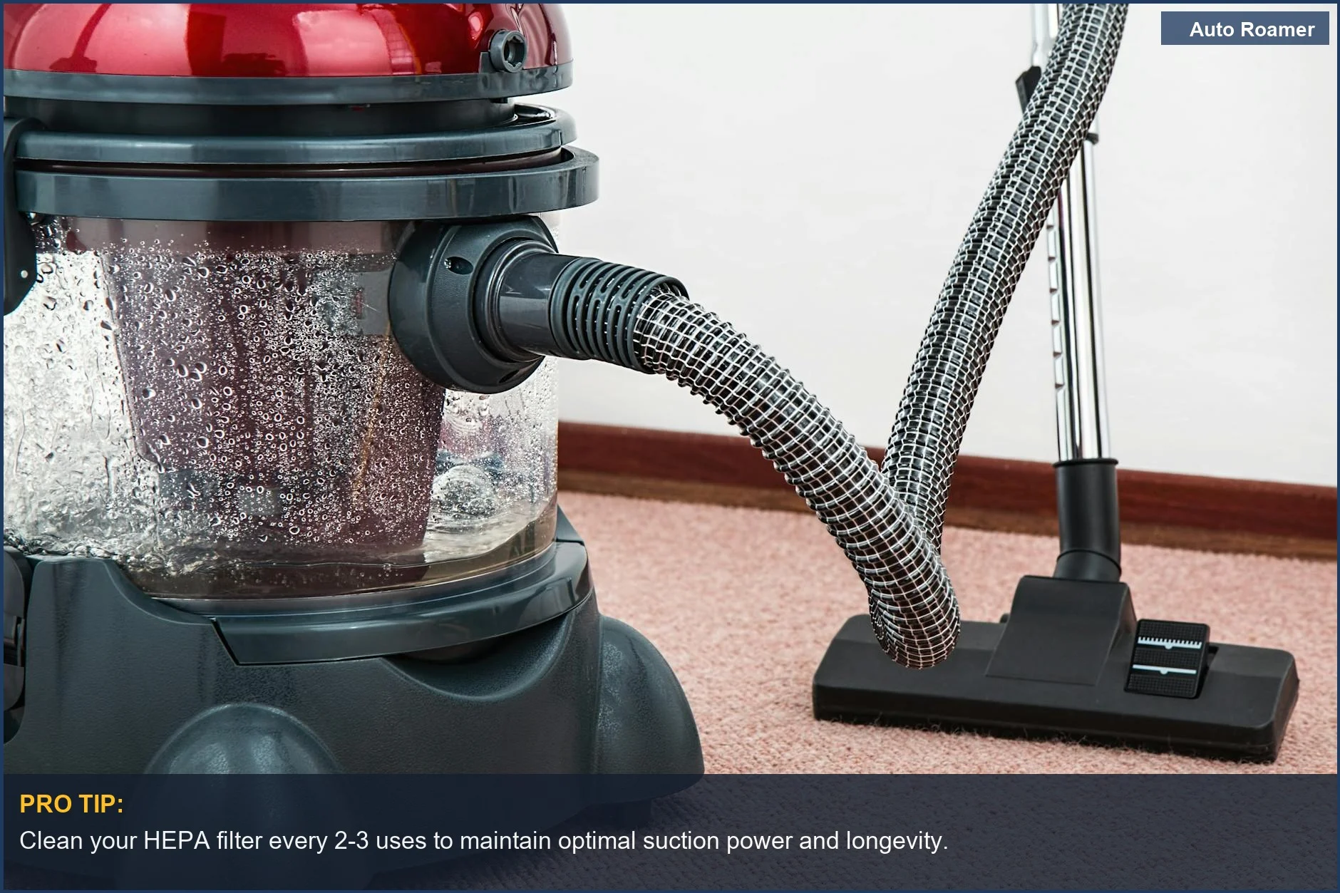 Modern car vacuum cleaner with advanced HEPA filter technology for effective pet hair removal from carpets.