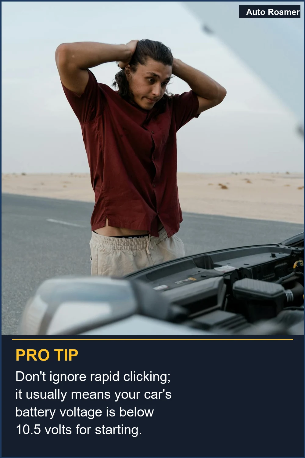 Don't ignore rapid clicking; it usually means your car's battery voltage is below 10.5 volts for starting.