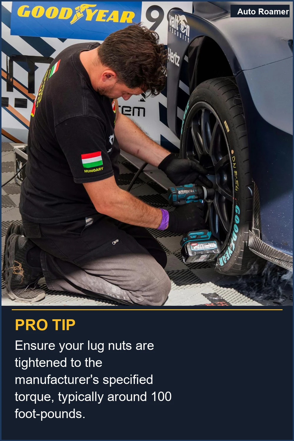 Ensure your lug nuts are tightened to the manufacturer's specified torque, typically around 100 foot-pounds.
