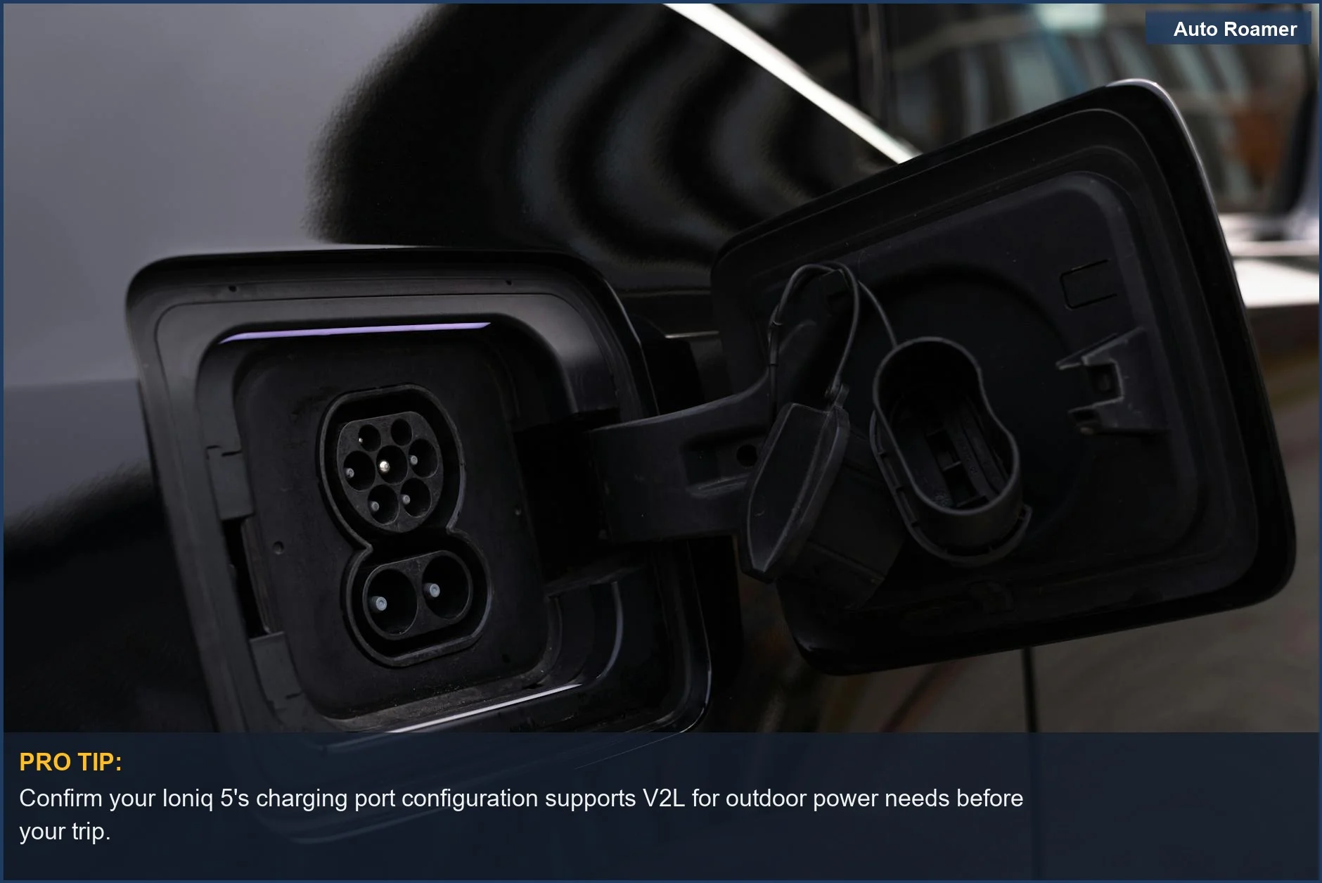 Close-up of a Hyundai Ioniq 5's external charging port, showcasing its ioniq 5 charging capabilities.