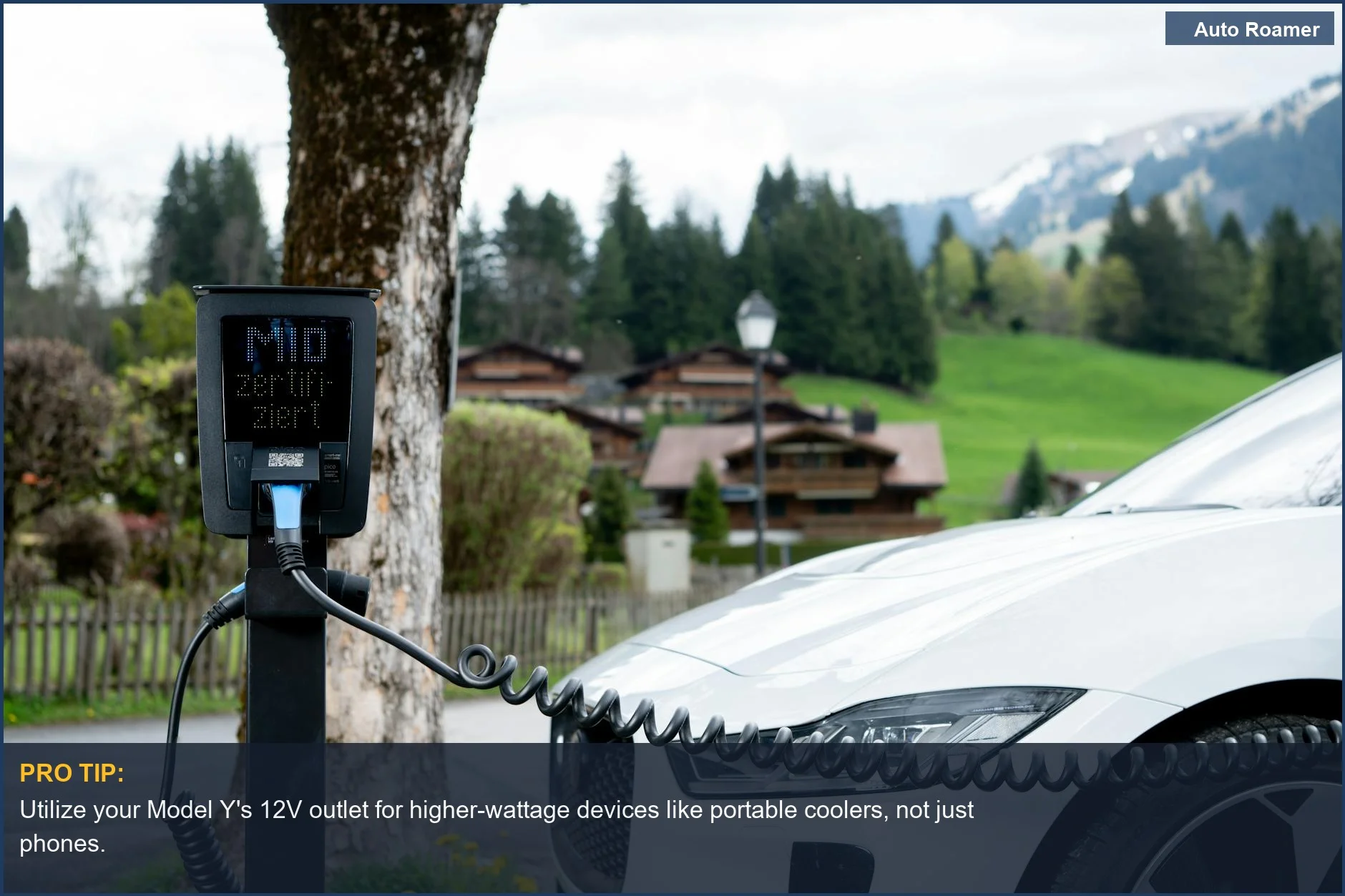 Estación de carga Tesla Model Y en un pintoresco pueblo de montaña, perfecta para las necesidades de energía de acampada en coche.