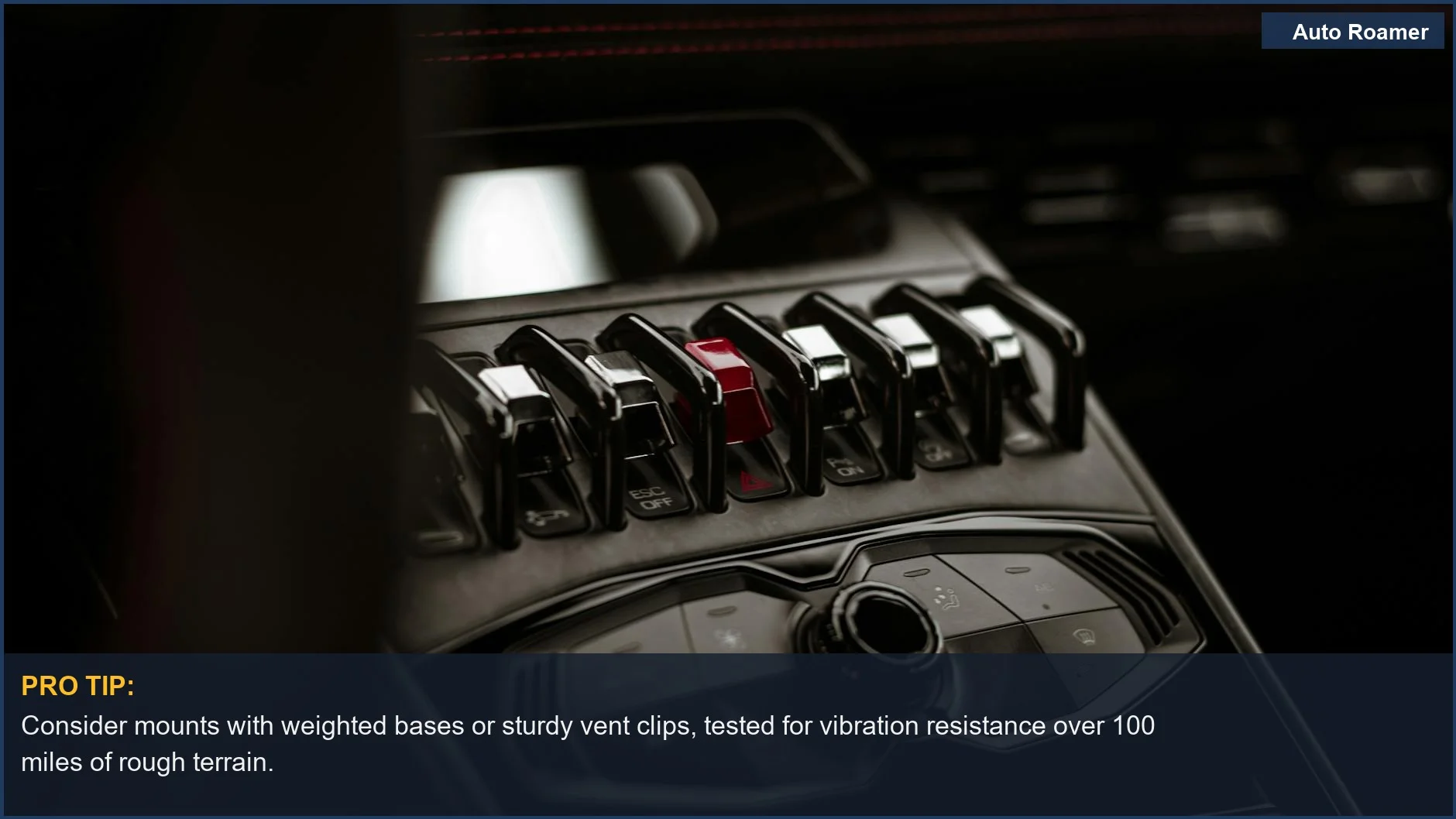 Luxurious Lamborghini dashboard with controls, contrasting with the failure of a cheap phone mount in real-world driving.