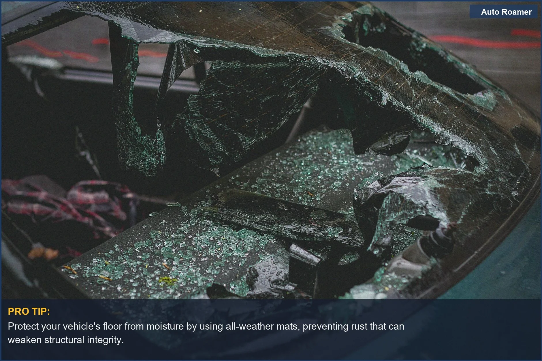 Shattered car windshield after an accident underscores the severe consequences of compromised vehicle safety components like floor mats.
