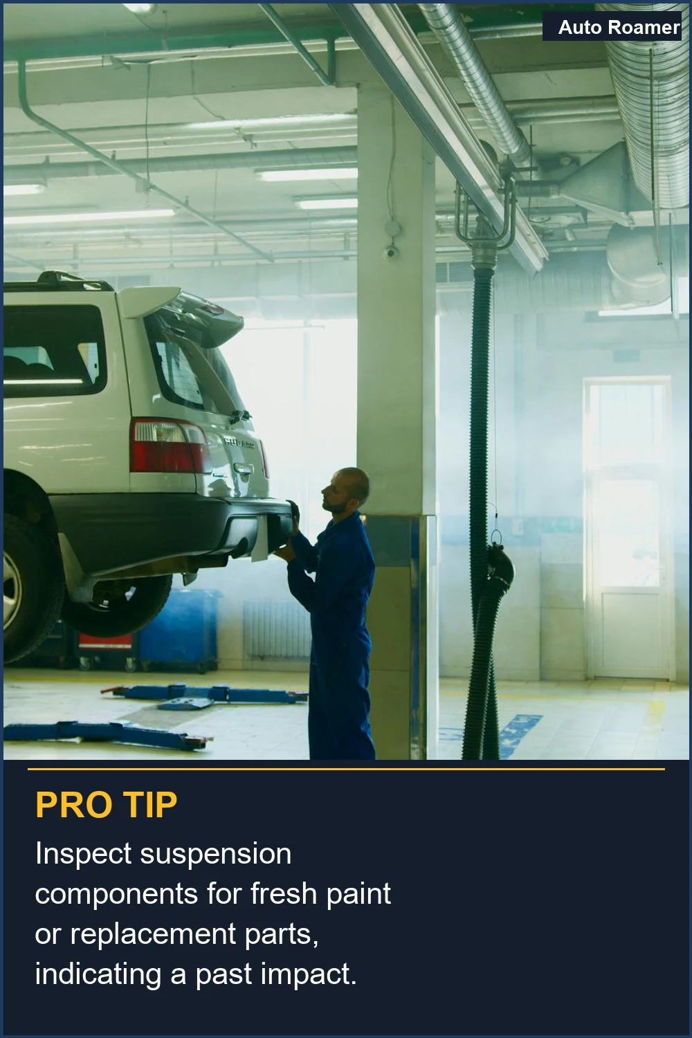 Inspect suspension components for fresh paint or replacement parts, indicating a past impact.