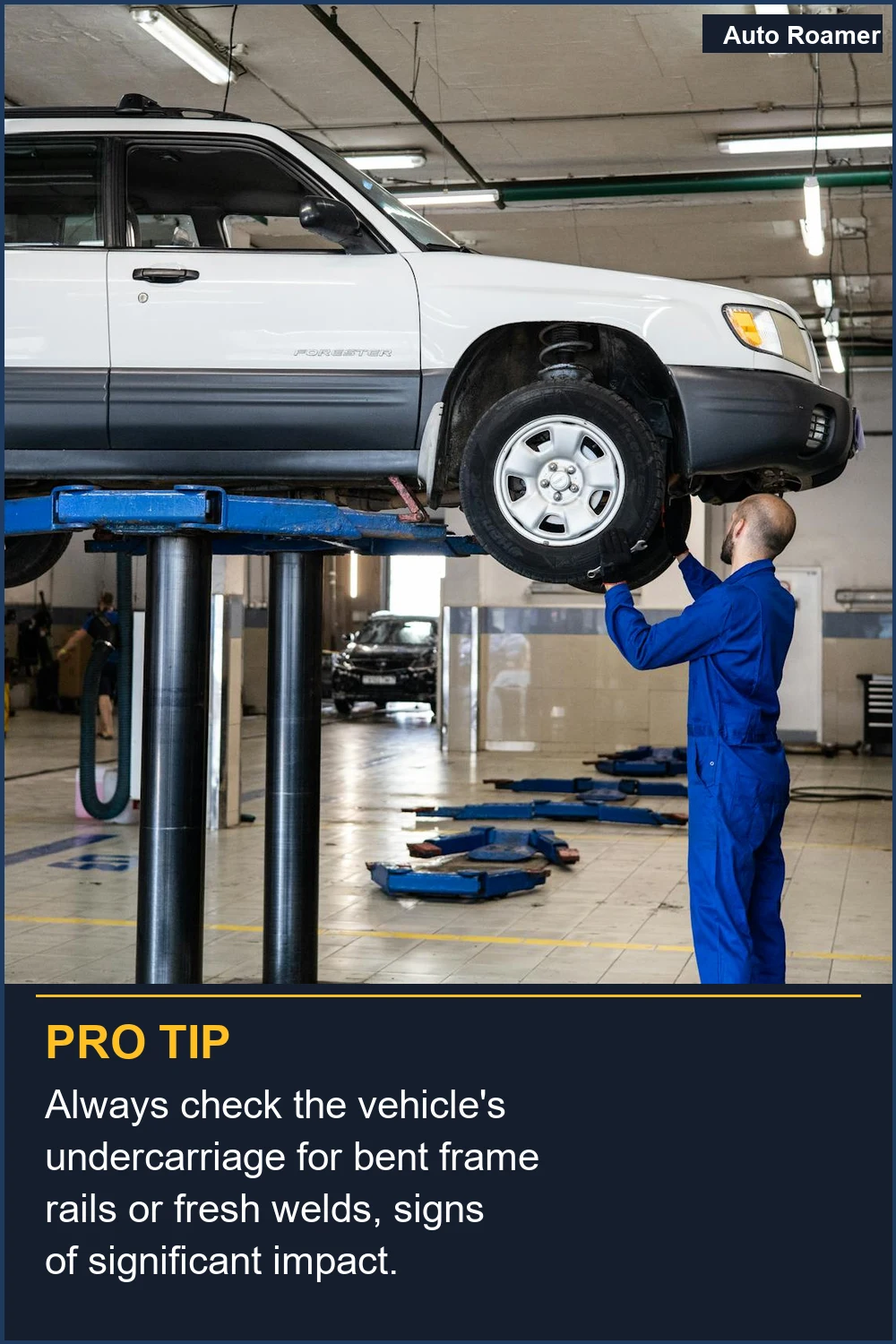 Always check the vehicle's undercarriage for bent frame rails or fresh welds, signs of significant impact.