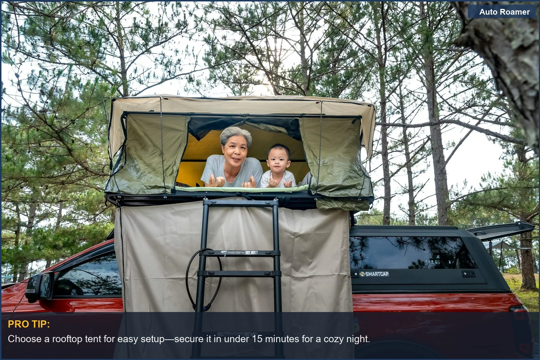 Family camping in a rooftop tent on a Chevy Colorado surrounded by trees