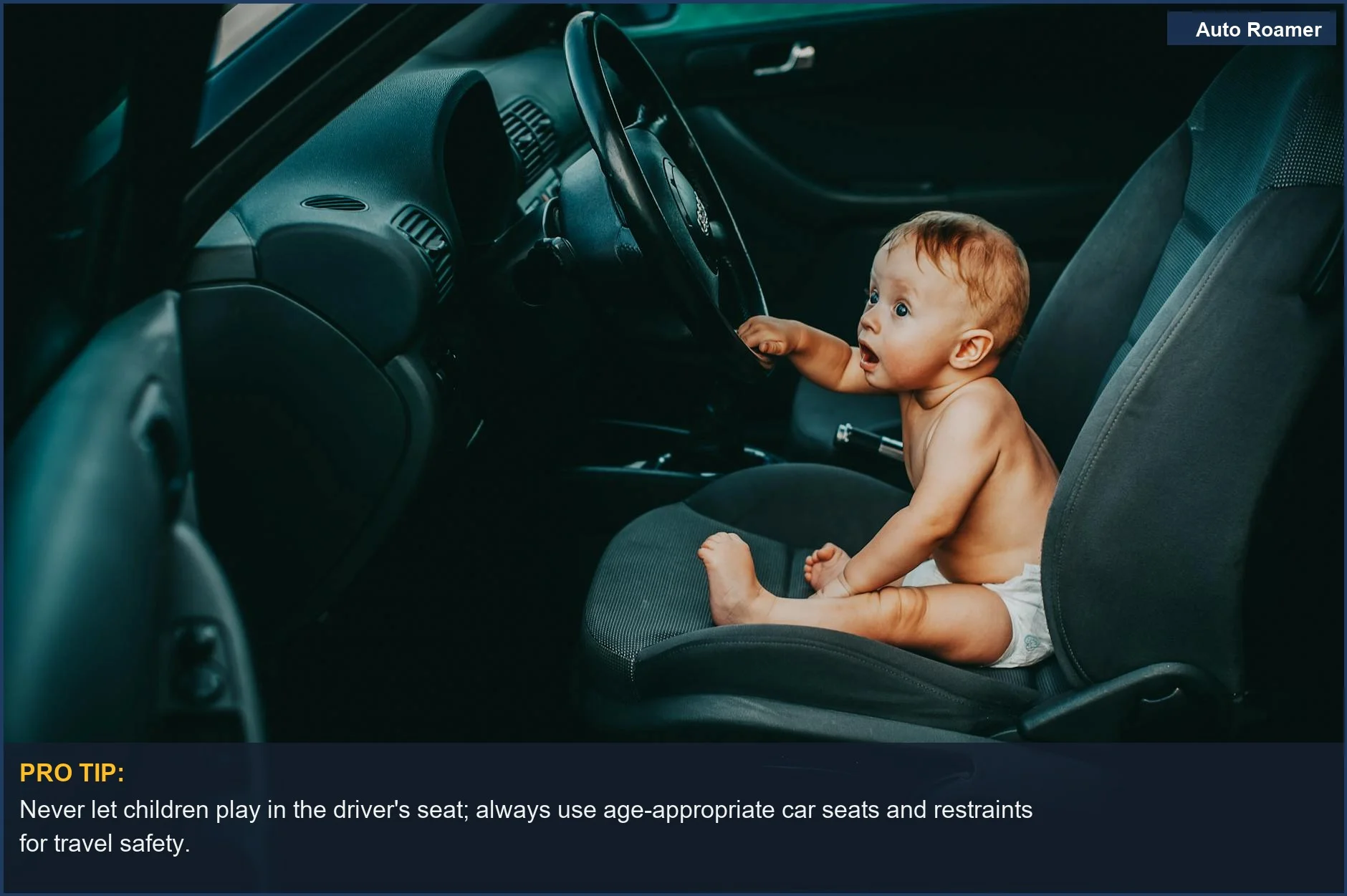 Curious baby in car's driver seat, illustrating the need for travel gear safety for young children.