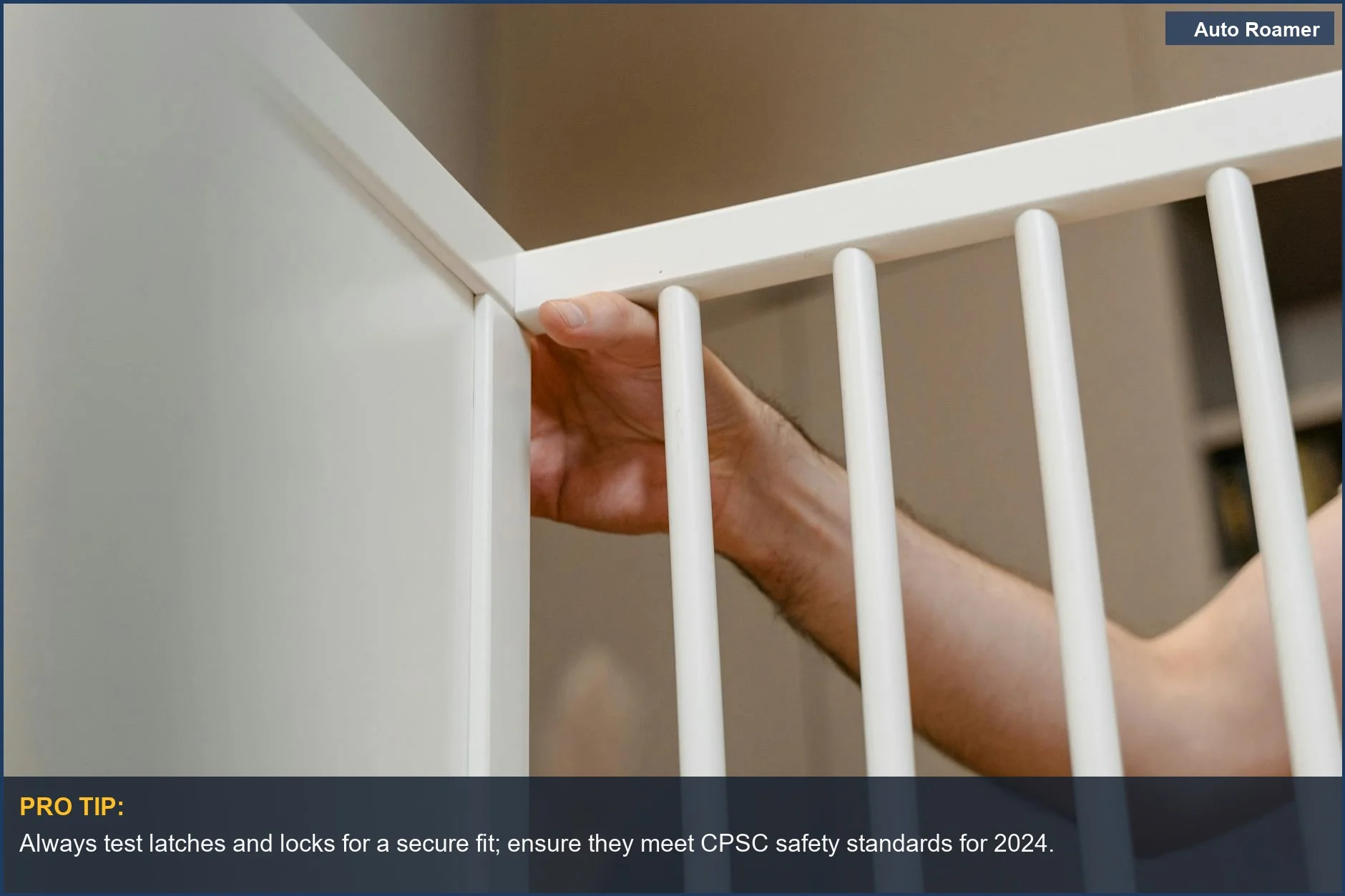 Child safety focus: Close-up of a hand securing a white baby gate, crucial for kid-friendly travel products.