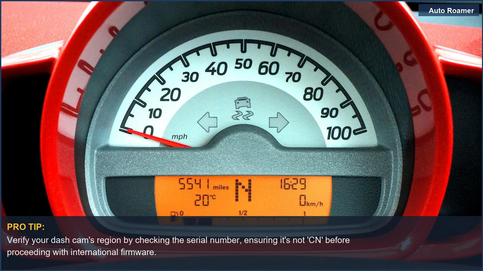 Digital car dashboard display showing speedometer and indicators, useful for Chinese dash cam firmware checks.