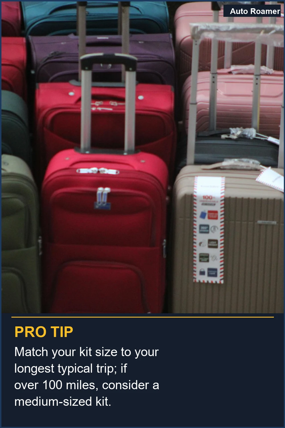 Match your kit size to your longest typical trip; if over 100 miles, consider a medium-sized kit.