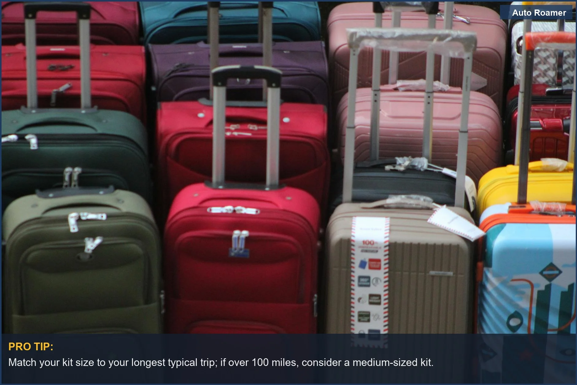 Various sized suitcases stacked, illustrating vehicle emergency kit selection for different trip lengths.