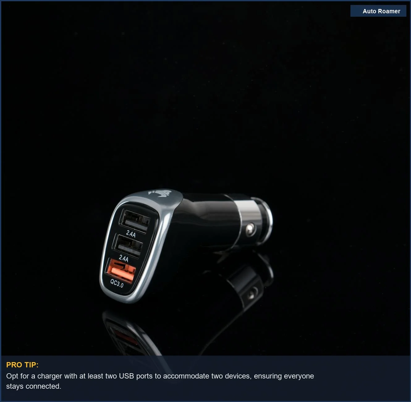 Sleek black car charger with multiple USB ports, demonstrating versatile device charging options.