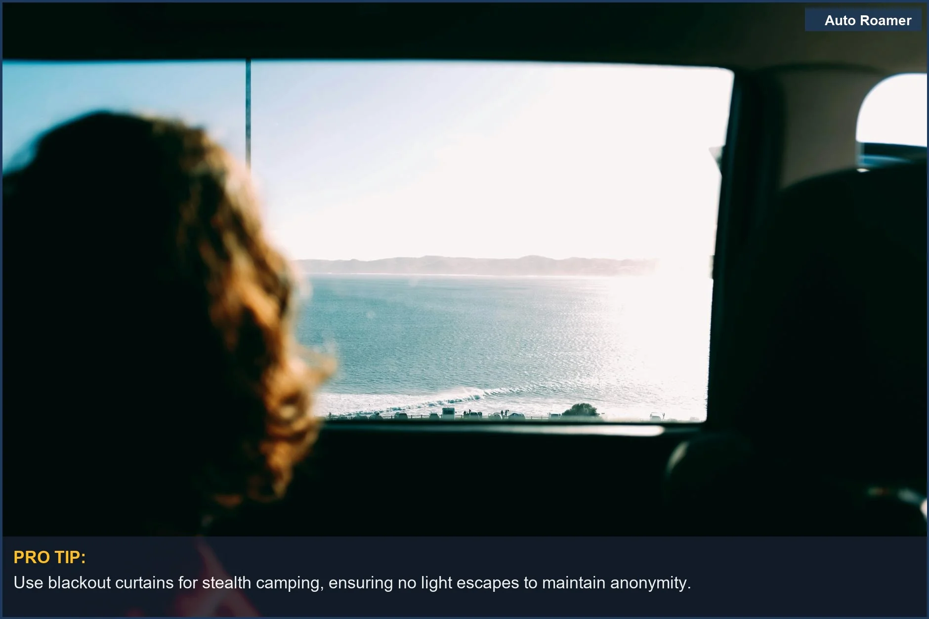 Serene coastal view from a car window, highlighting the importance of stealth camping with proper privacy curtains.