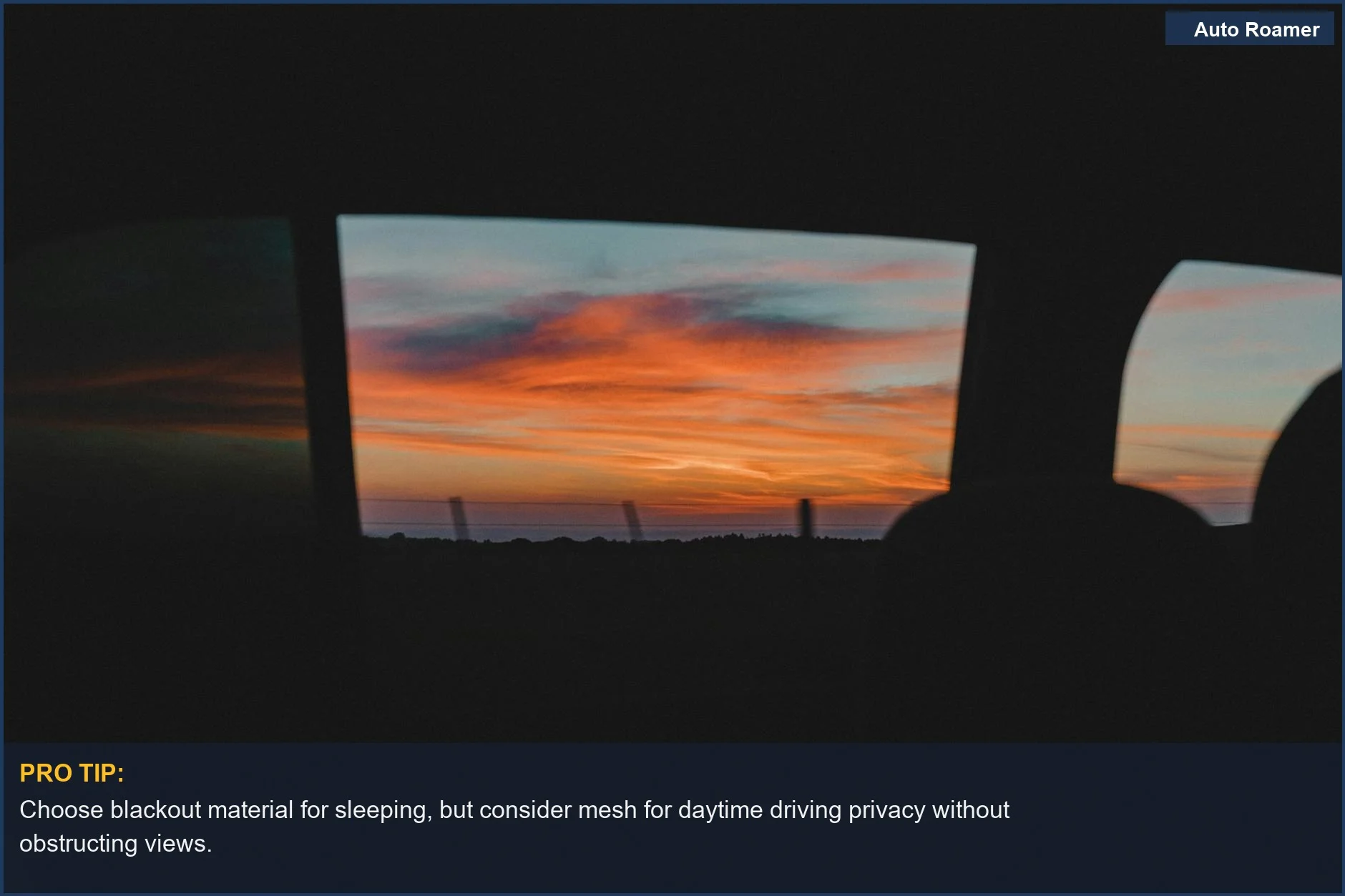 Breathtaking sunset through a car window, illustrating the need to consider material for privacy curtain size.
