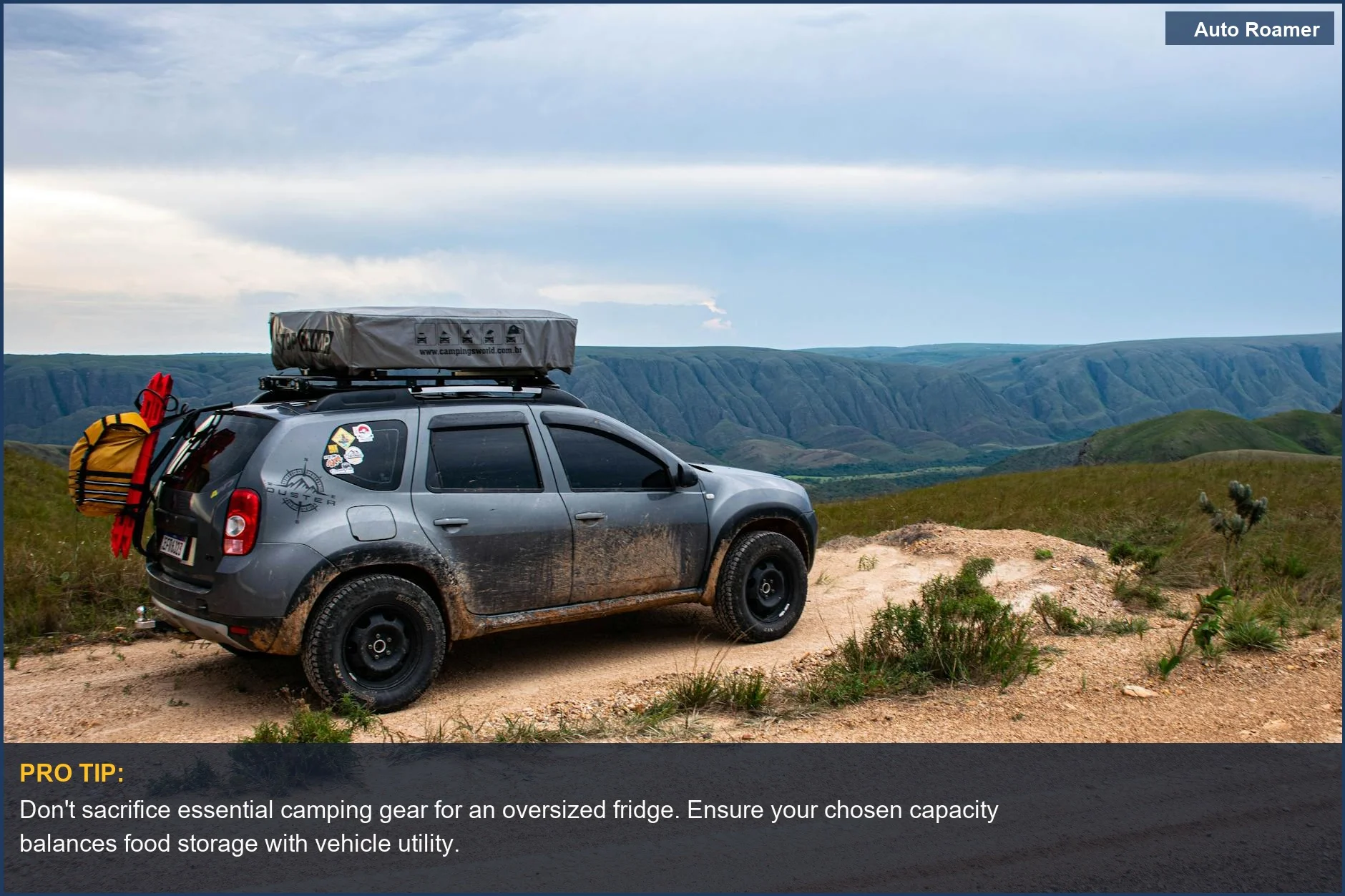 Rugged 4x4 SUV navigating a dirt path, highlighting the importance of overlanding fridge capacity and space management.