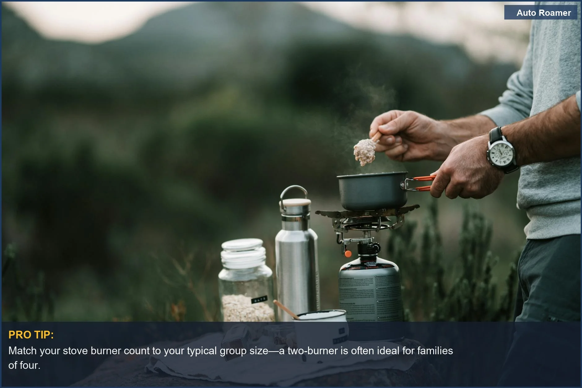 Person cooking oatmeal outdoors on a portable camping stove, demonstrating a common use for adequate stove burner count.