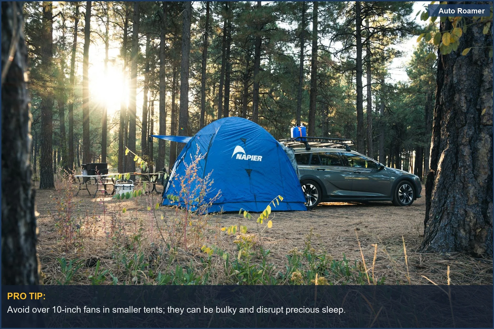 Vibrant blue tent at sunrise in Arizona, illustrating the importance of correct camping fan for tent dimensions.