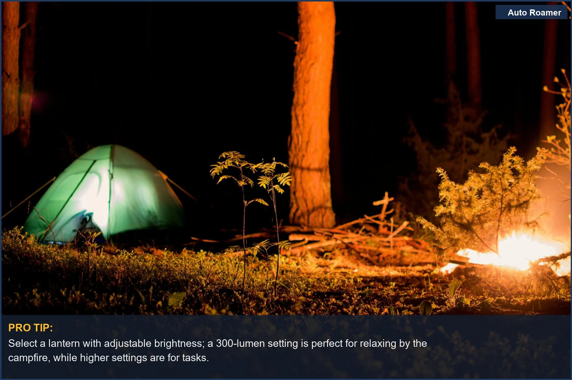 Tranquil campsite with a glowing campfire and tent at night, illustrating the ideal camping lantern brightness for relaxation.