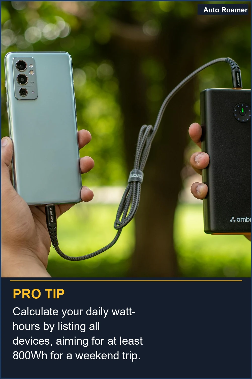 Calculate your daily watt-hours by listing all devices, aiming for at least 800Wh for a weekend trip.