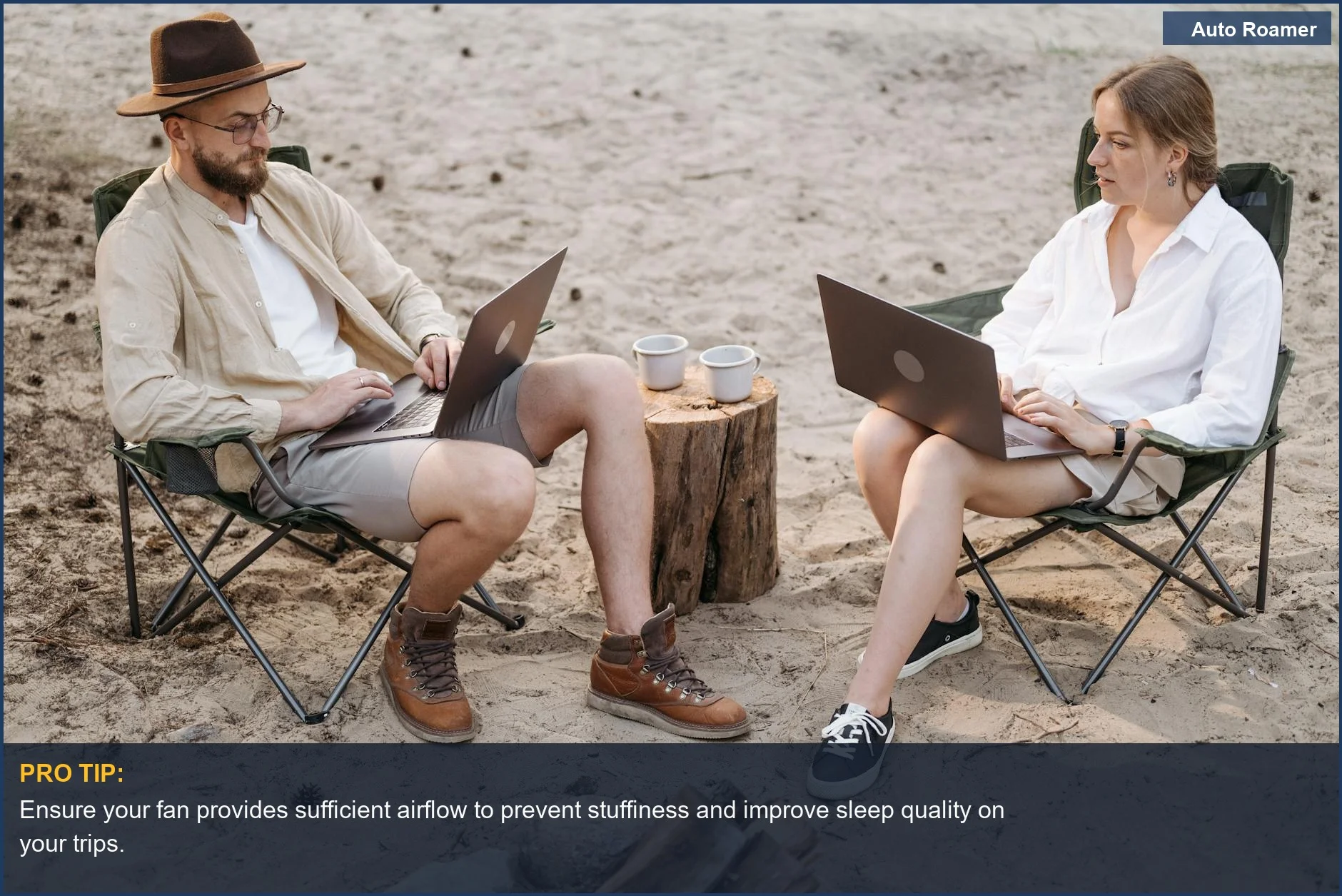 Remote work in nature with laptops and a car camping fan for comfortable vehicle ventilation.