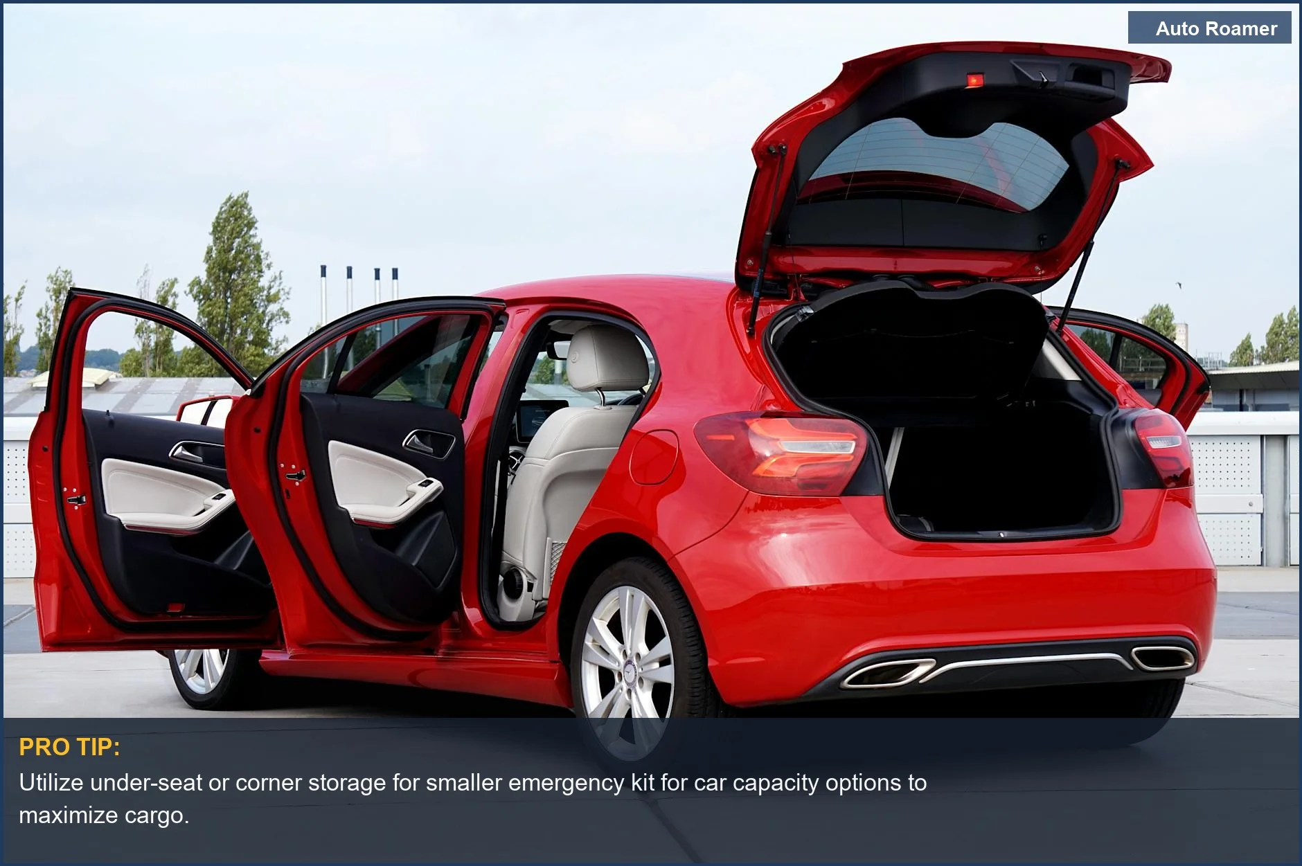 UK red hatchback interior and trunk, demonstrating how a compact emergency kit for car capacity can fit.