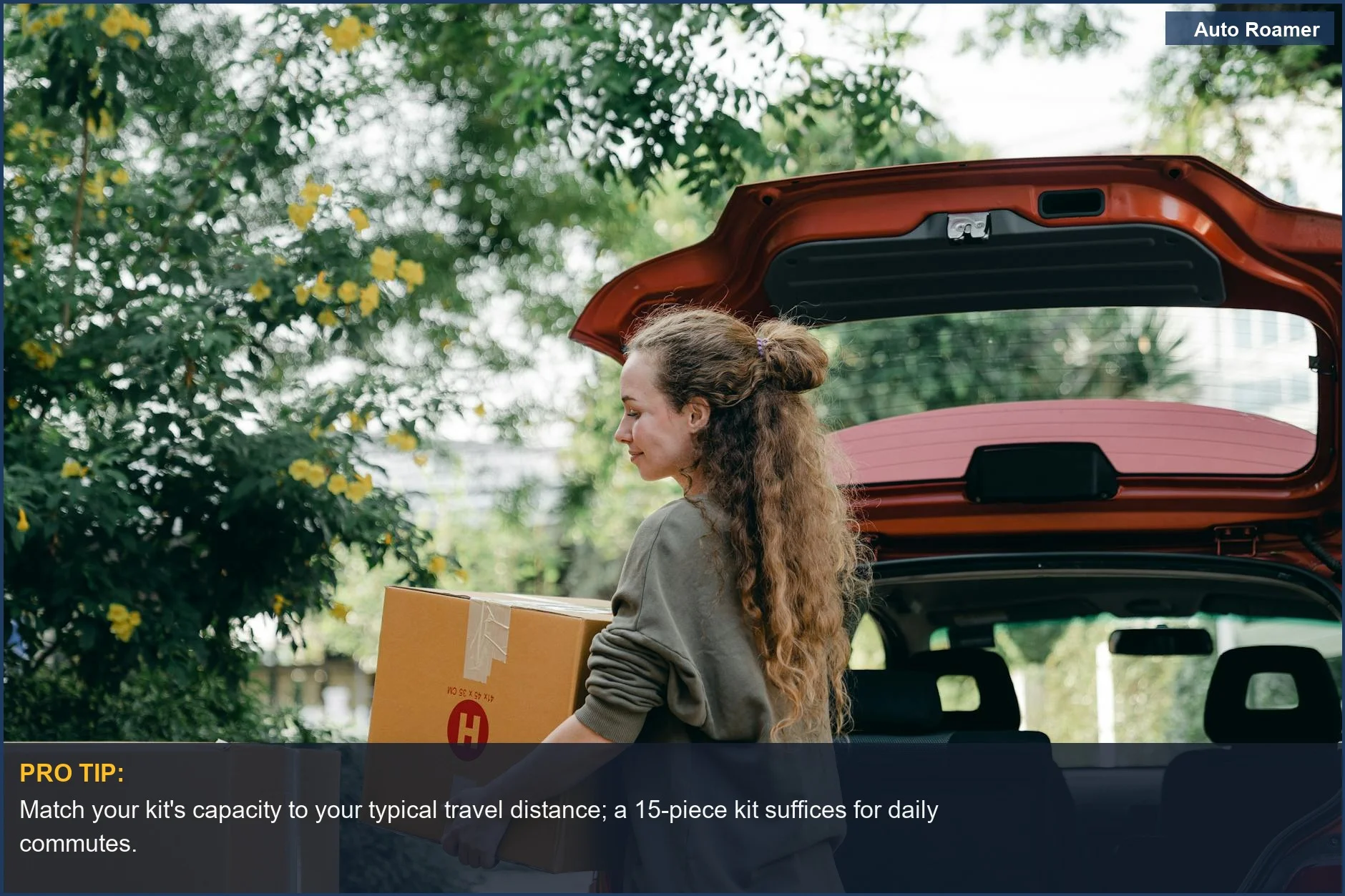 Woman taking boxes from car trunk, illustrating how personal needs influence the required emergency kit for car capacity.