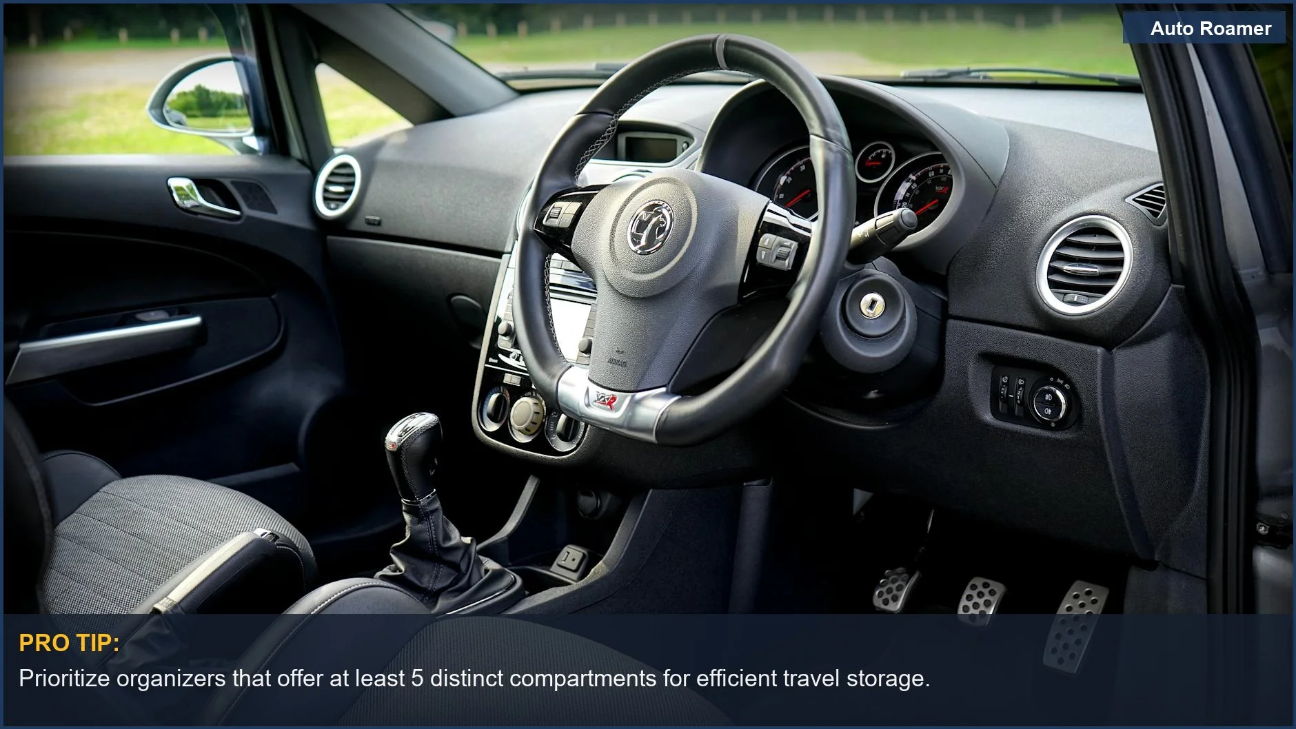 Detailed view of a car's steering wheel and dashboard, emphasizing travel storage and car organizer benefits.