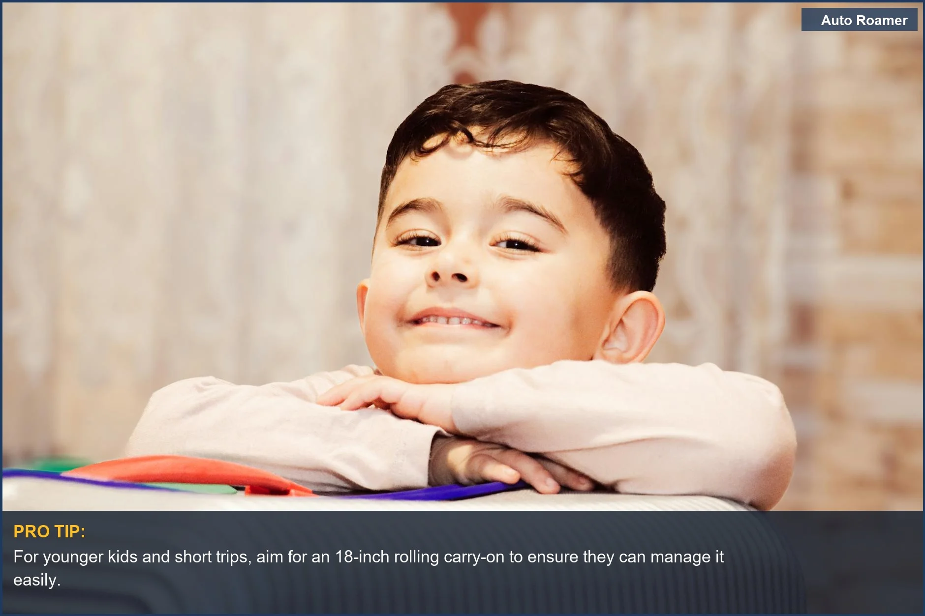 Joyful child leaning on a suitcase, ready for adventure with their own travel bags for kids.