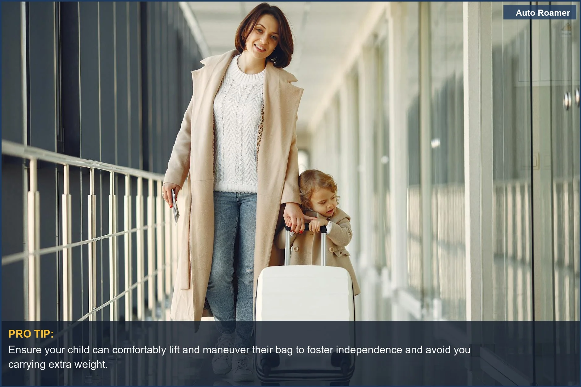 Mother and daughter walking through an airport terminal with their luggage, showing independent packing for children.