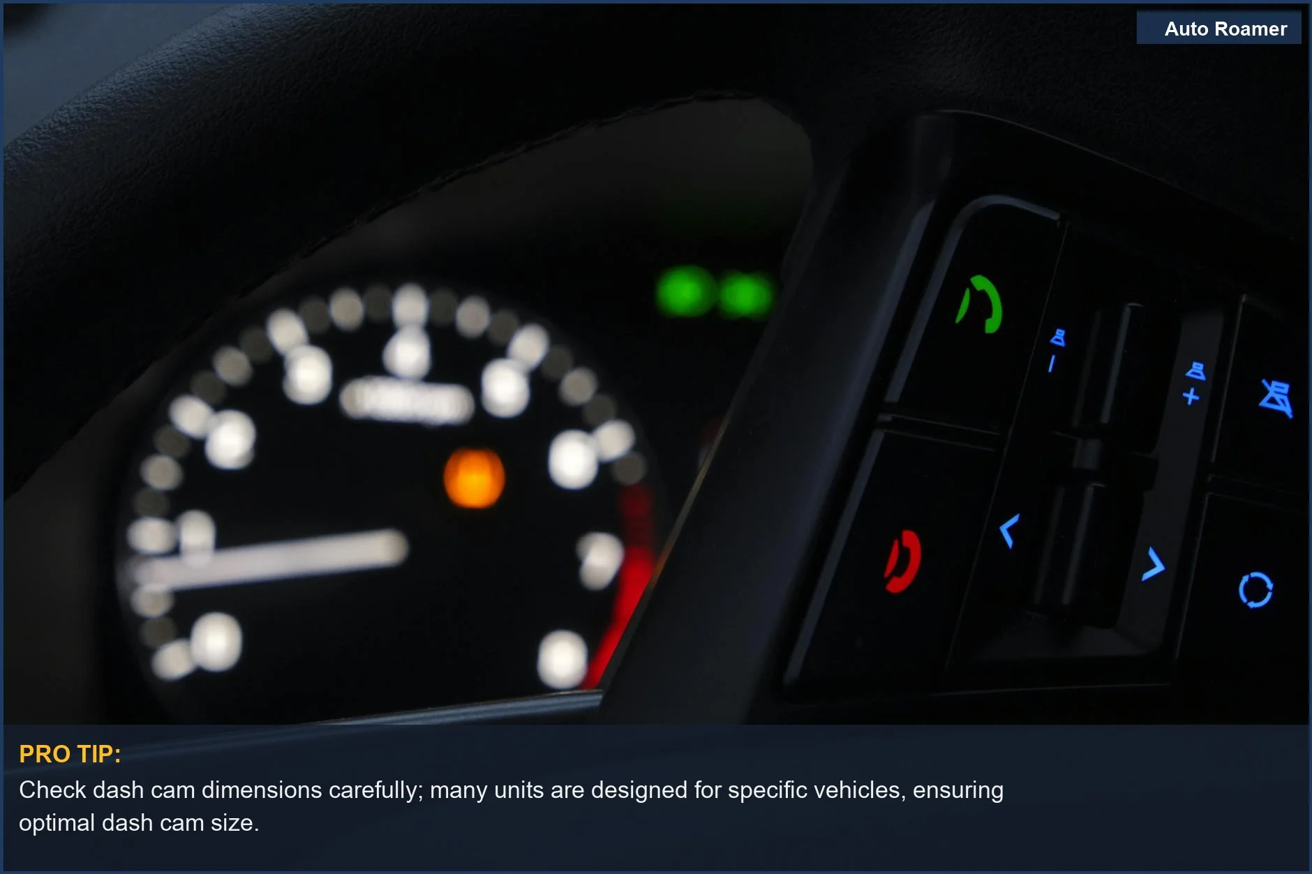 Illuminated car dashboard controls and gauges, demonstrating the importance of proper dash cam size for visibility.