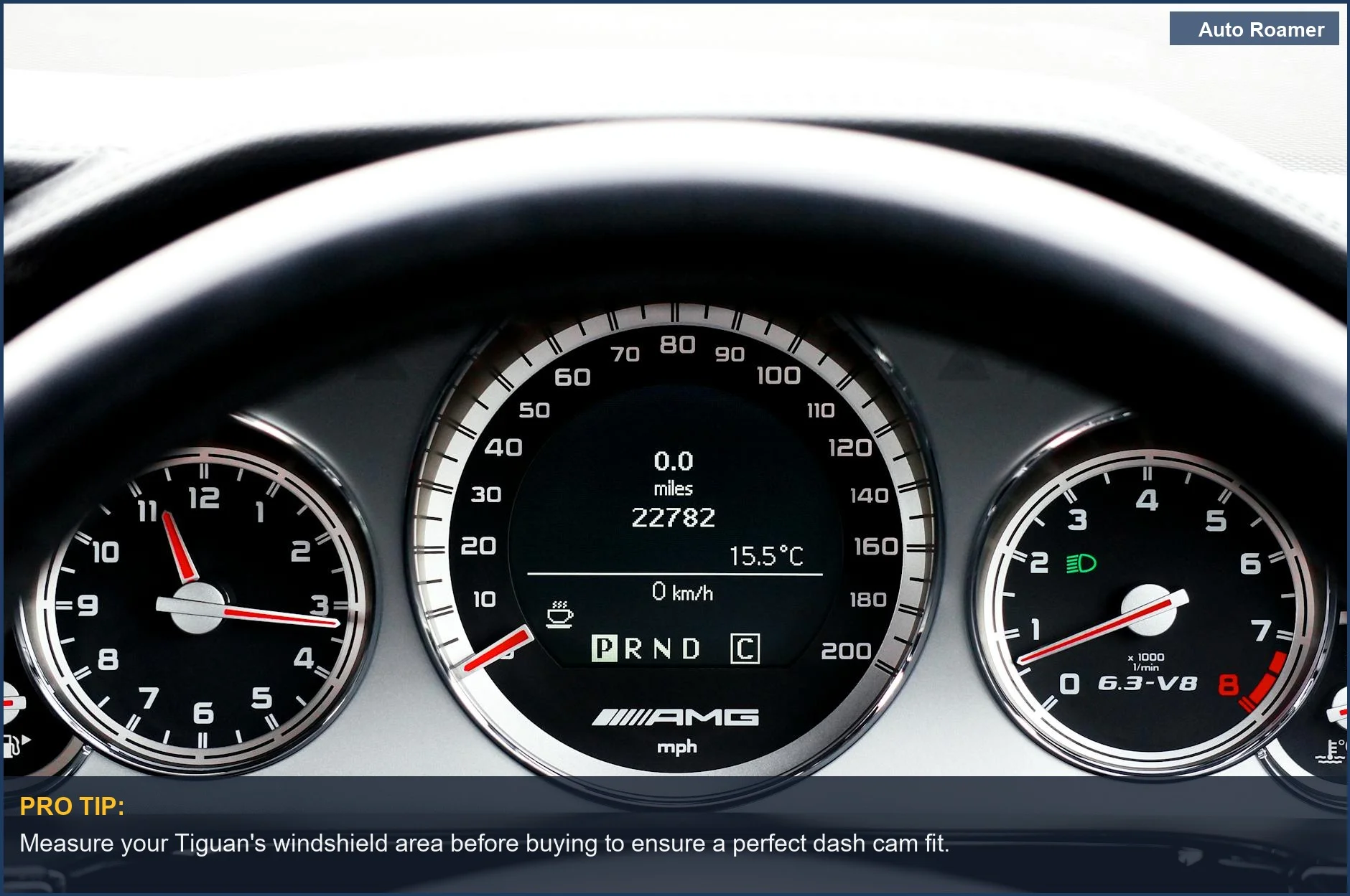 Close-up of a Volkswagen Tiguan dashboard with speedometer, highlighting the need for the correct dash cam size.