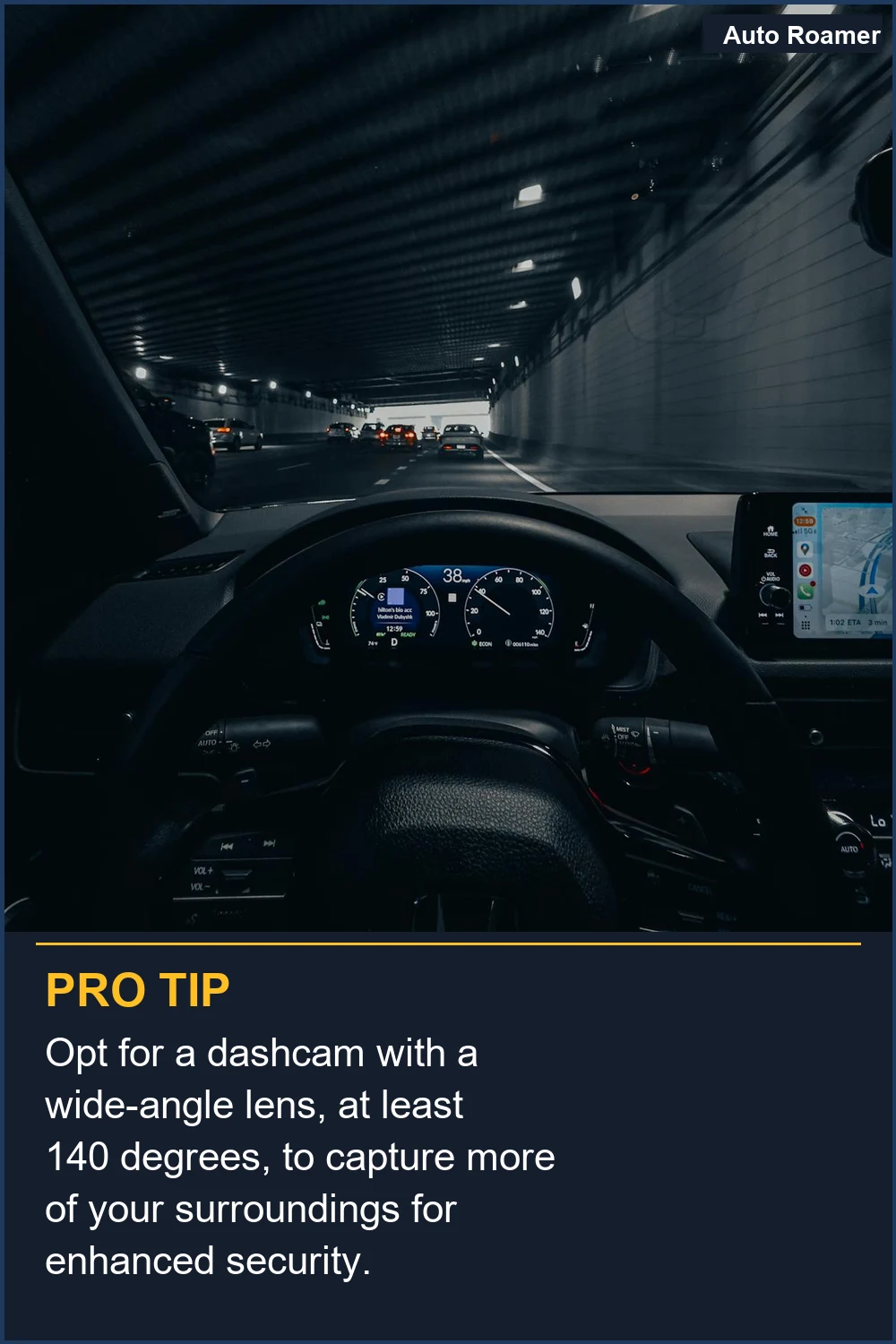 Opta por una dashcam con un lente gran angular, de al menos 140 grados, para capturar más de tu entorno para una seguridad mejorada.