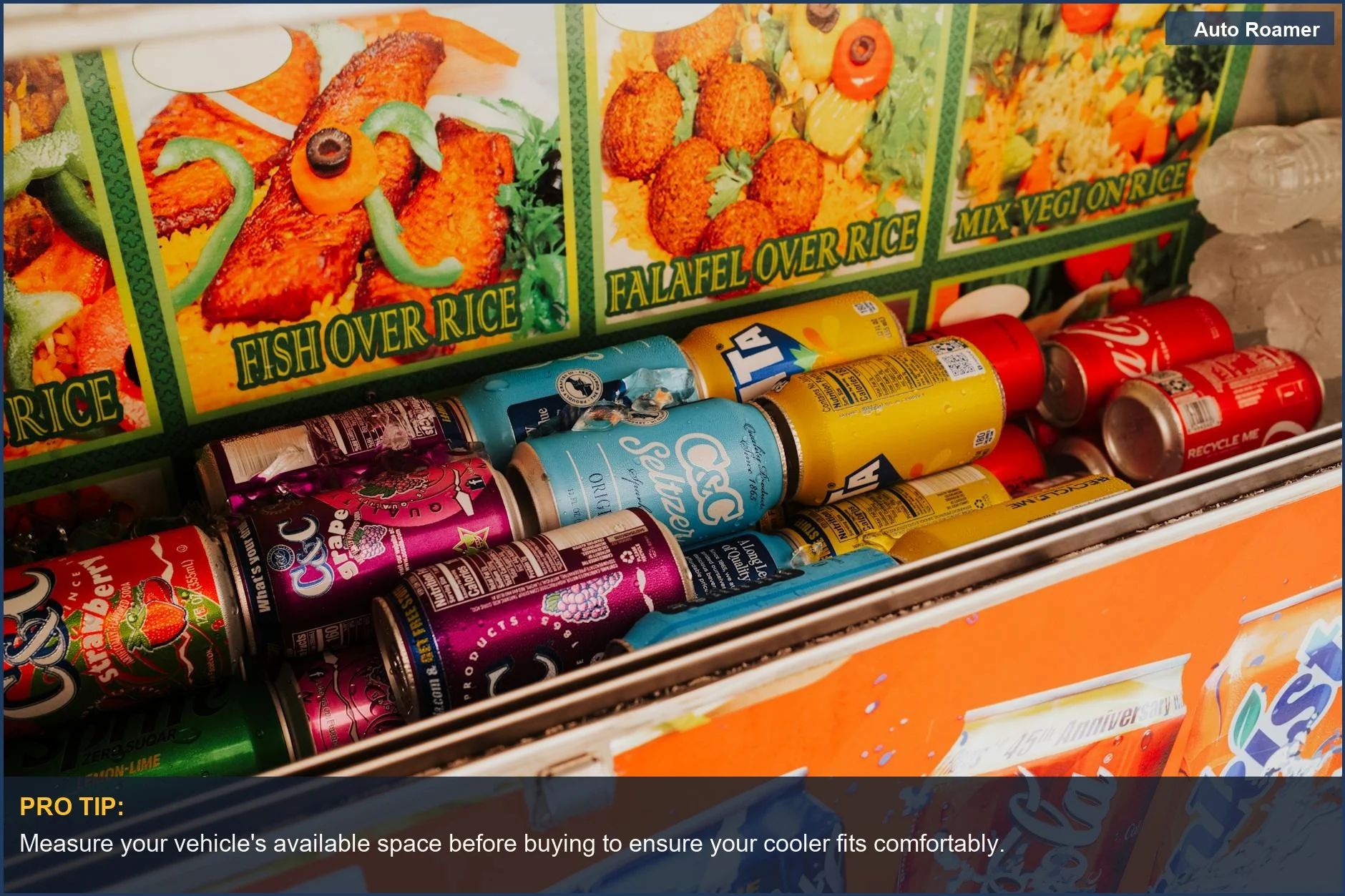 Colorful assortment of canned drinks packed tightly in a cooler, illustrating car camping cooler capacity challenges.