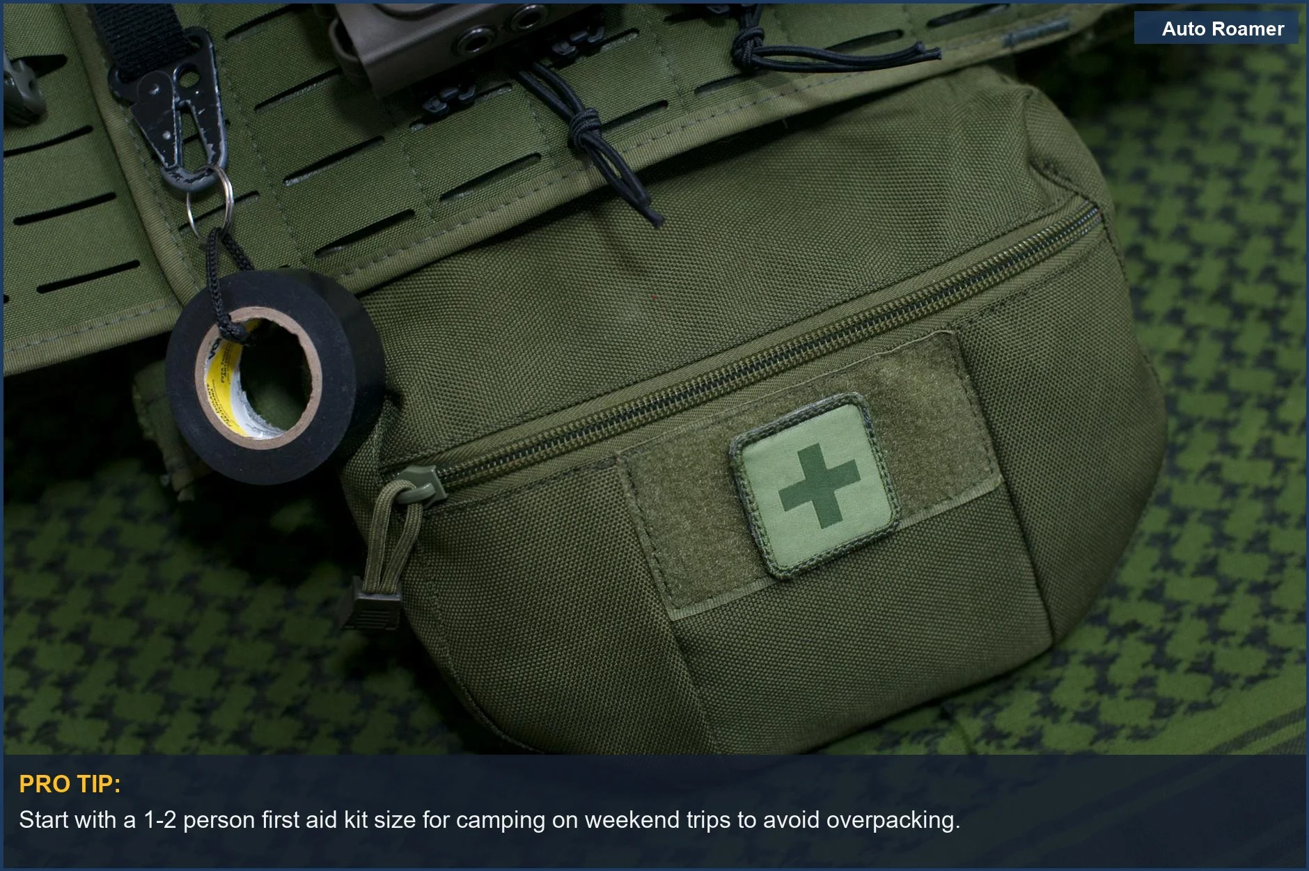 Close-up of a compact green first aid kit pouch attached to rugged military-style gear, highlighting preparedness.
