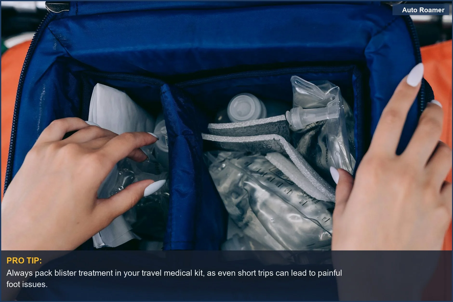 Hands carefully opening a medical travel kit filled with bandages and emergency supplies, showcasing preparedness.