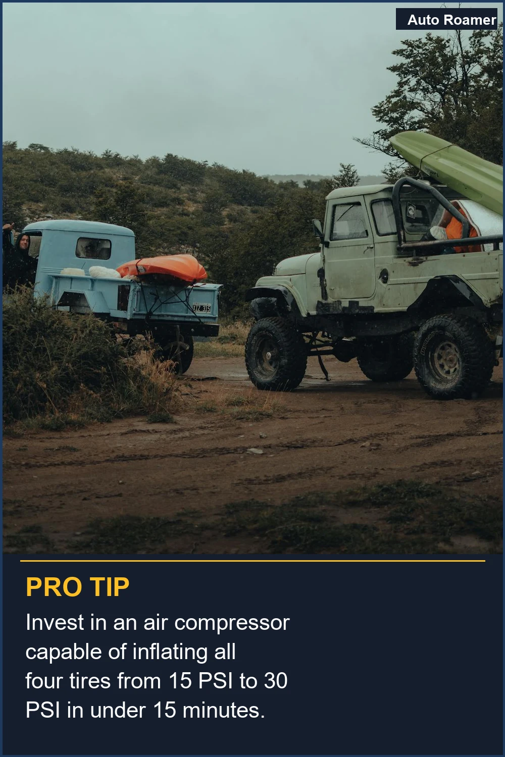 Invest in an air compressor capable of inflating all four tires from 15 PSI to 30 PSI in under 15 minutes.