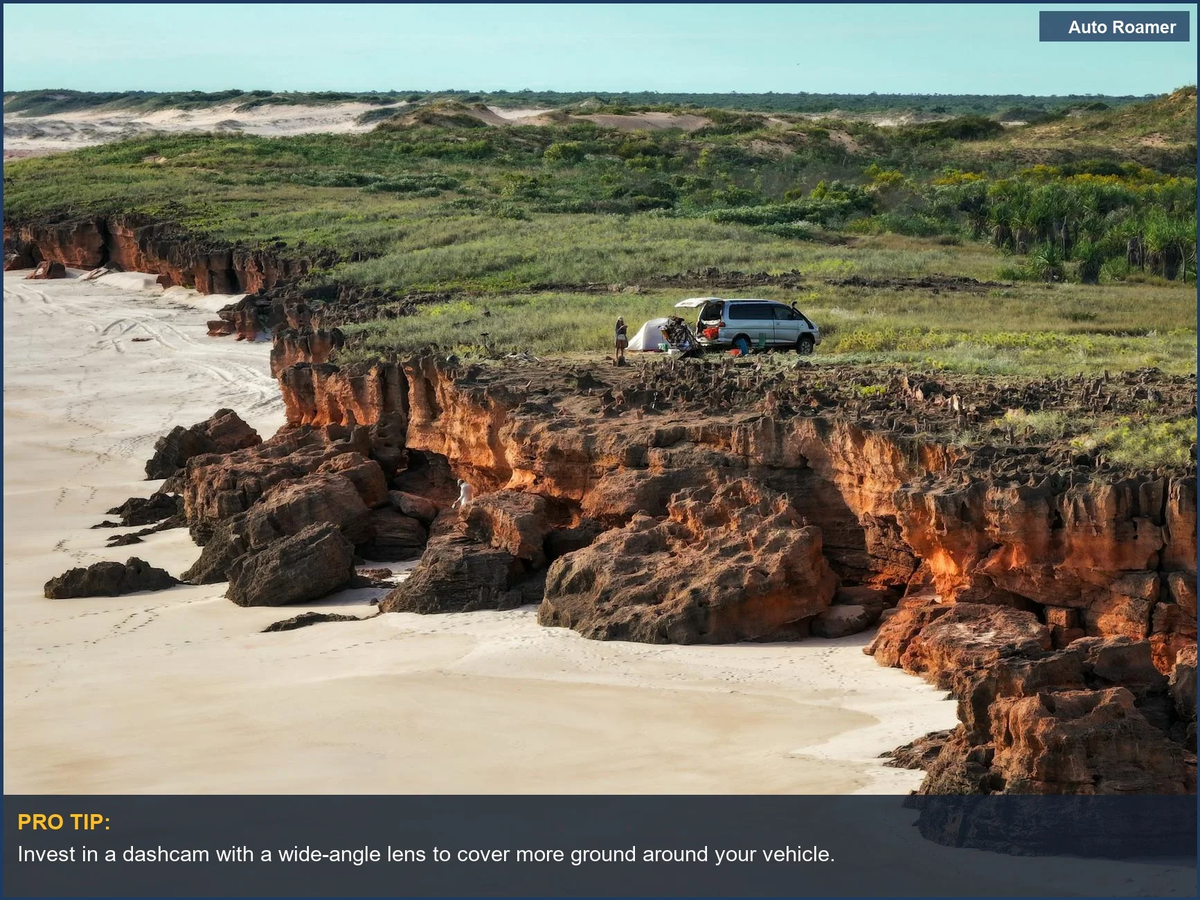 Campervan and tent on scenic cliffs, showcasing remote car camping security needs.
