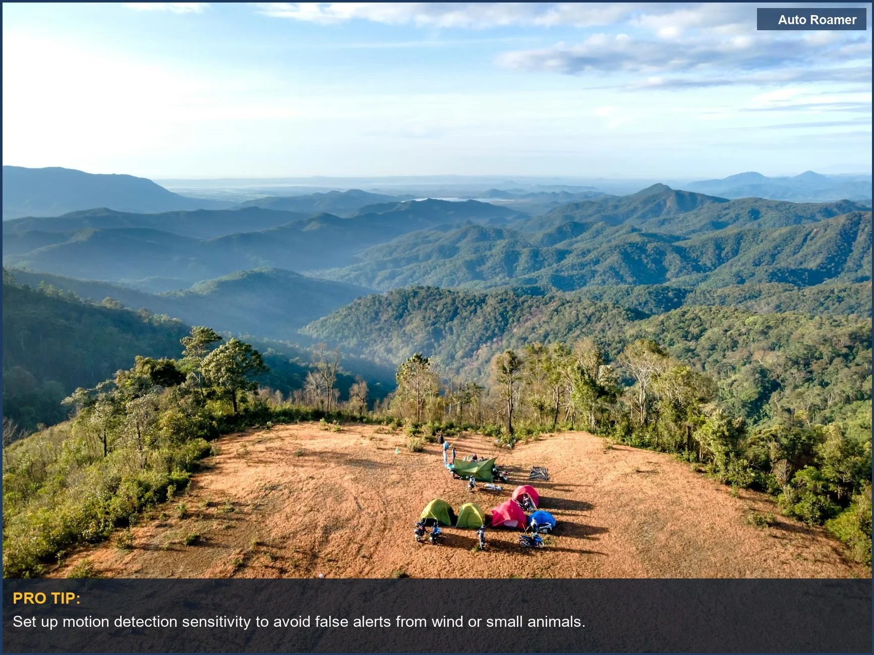 Aerial view of colorful tents at mountain campsite, perfect for car camping security.