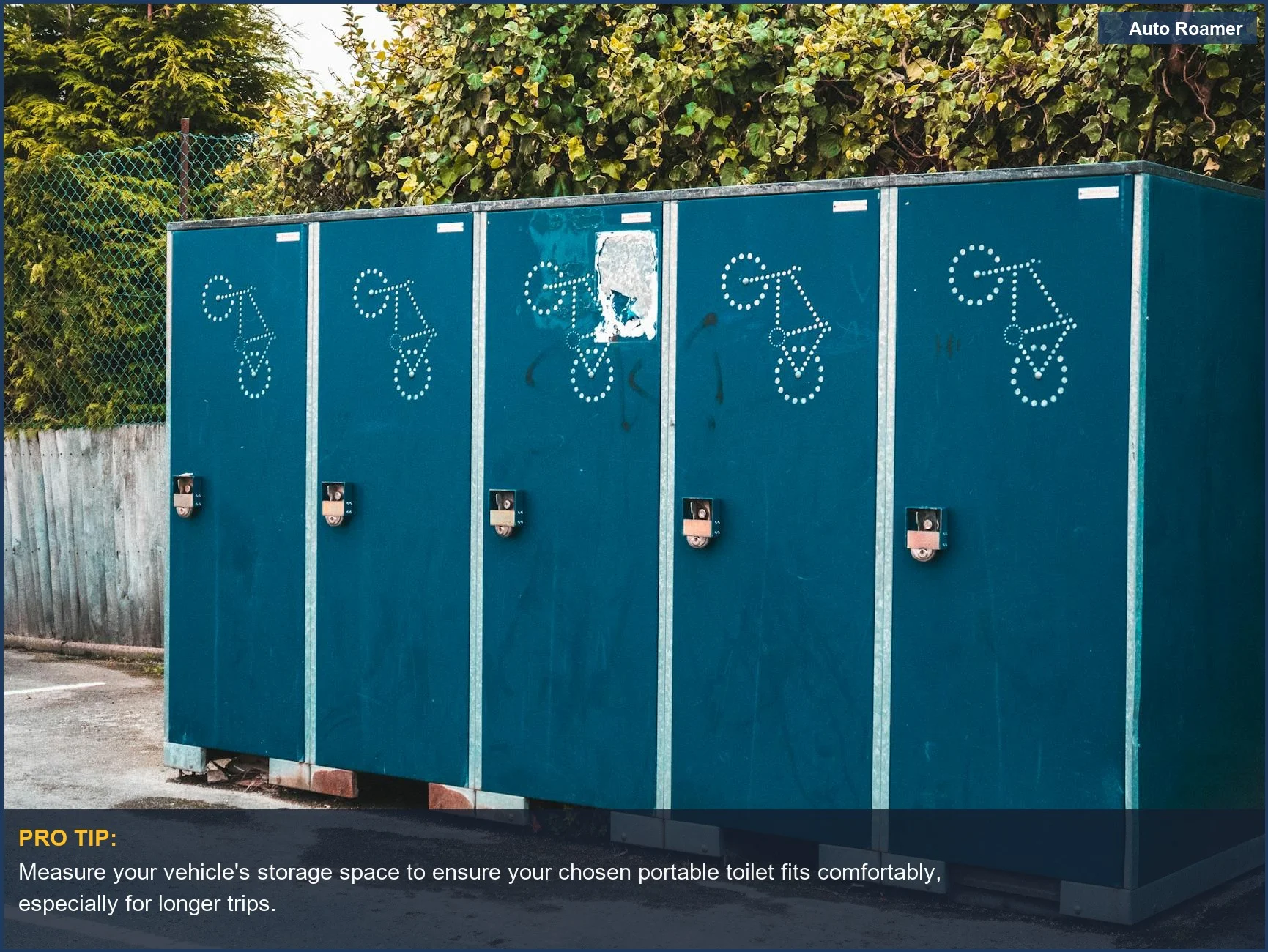 Row of blue portable camping toilets outdoors, highlighting compact car camping toilet storage solutions for smaller vehicles.