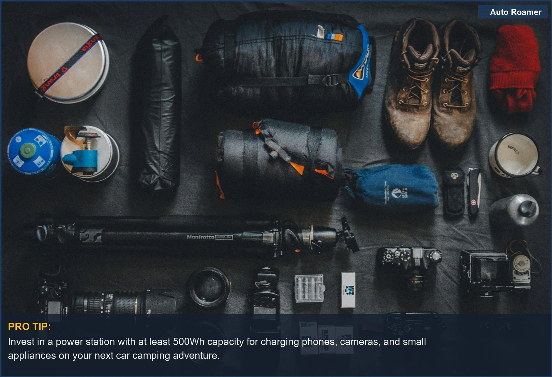 Flat lay of organized camping and photography equipment, emphasizing pre-trip homework for choosing portable power station size.
