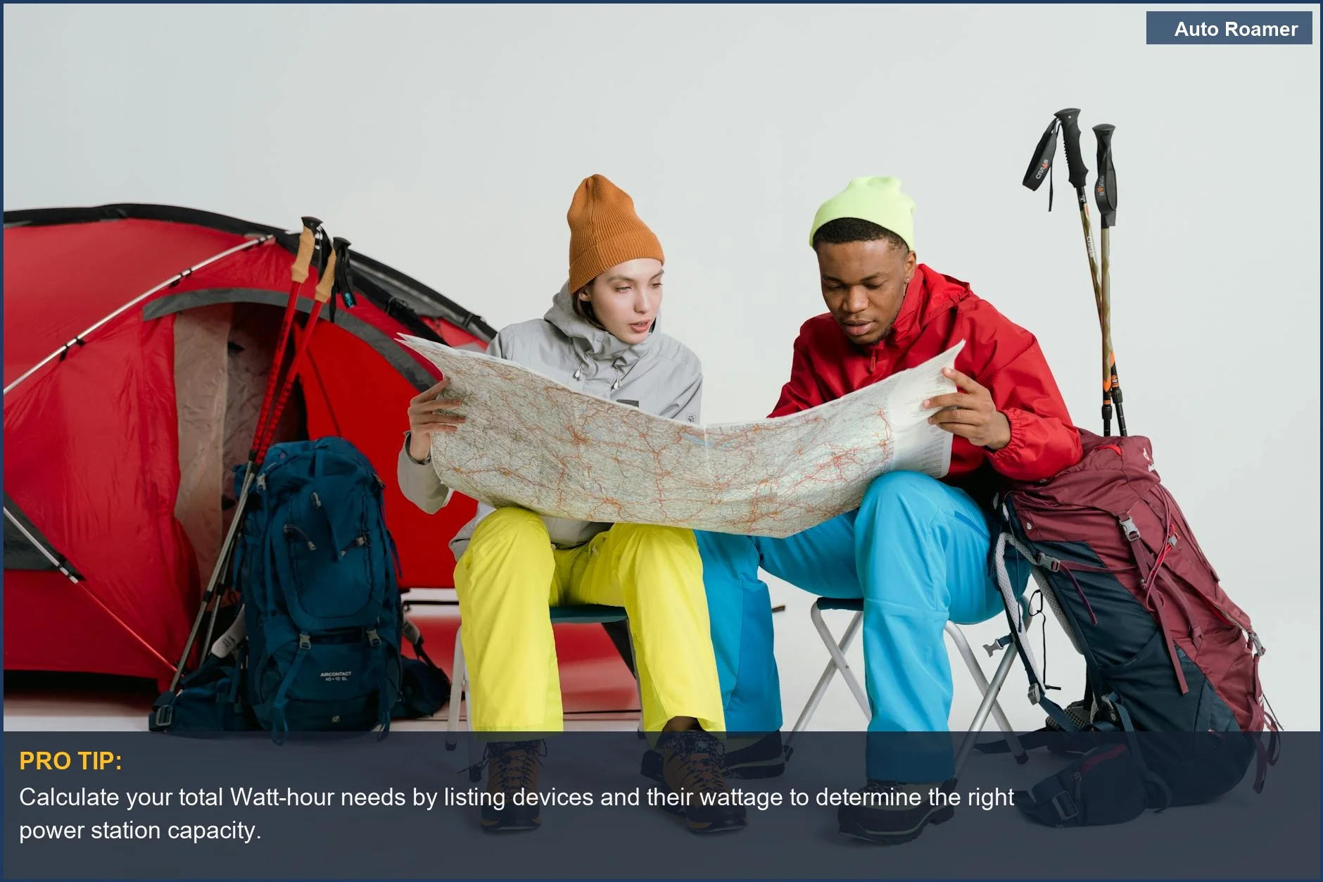 Two travelers plan car camping with a map, highlighting the importance of portable power station size for adventures.