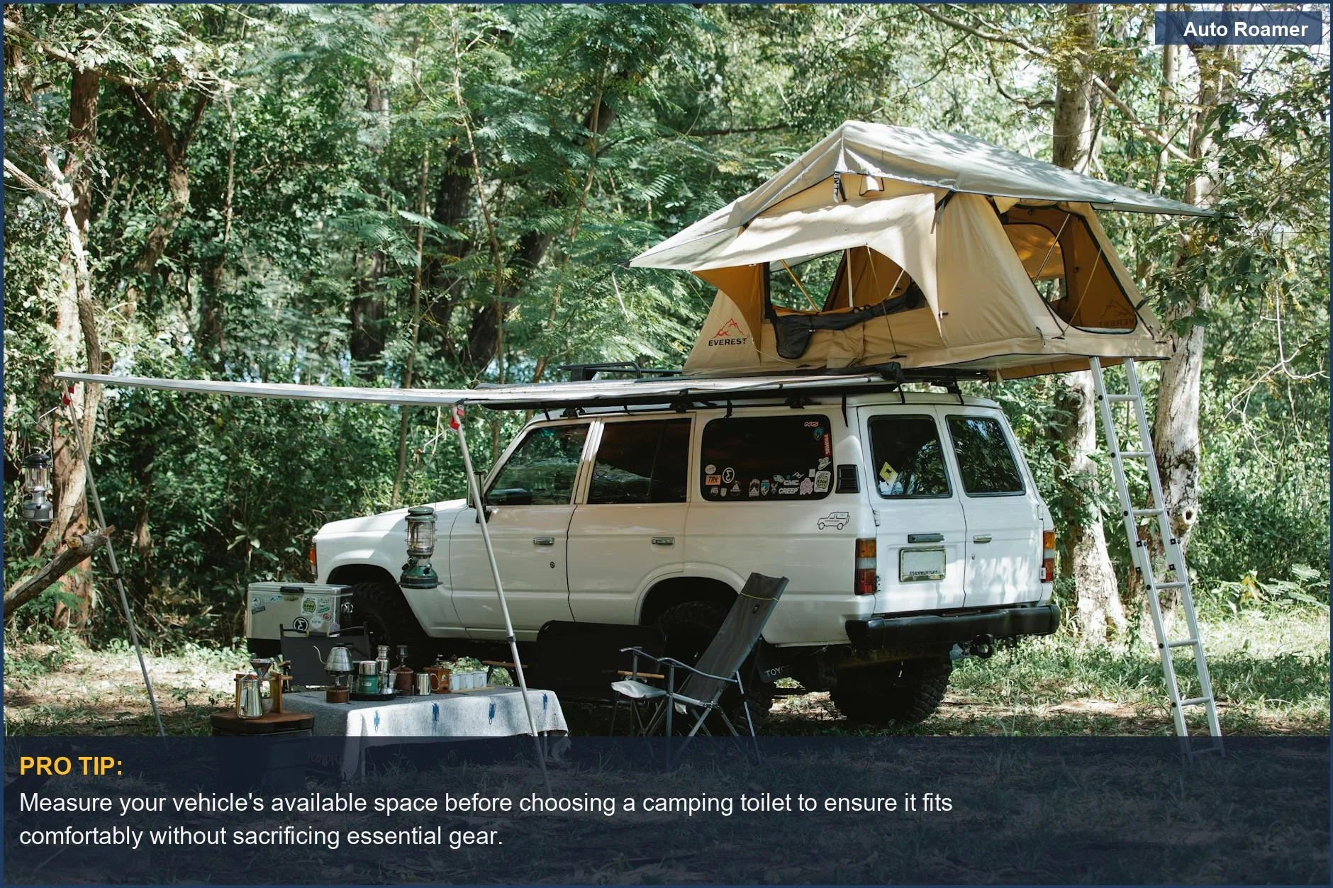 Off-road car and tent with picnic setup, highlighting how portable toilet size affects vehicle storage space.