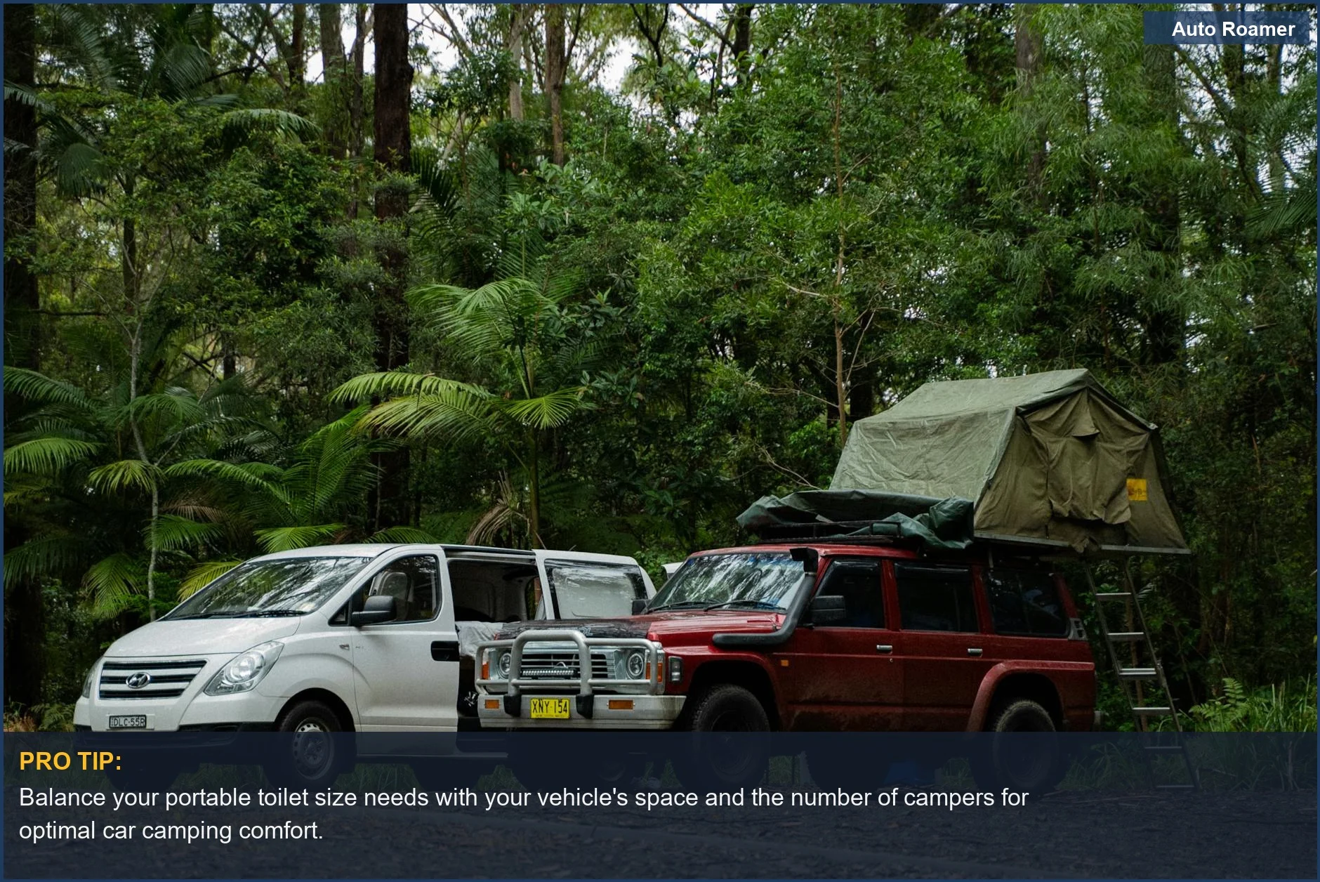 Two SUVs with camping gear in a forest, demonstrating the need to balance portable toilet size with car camping realities.