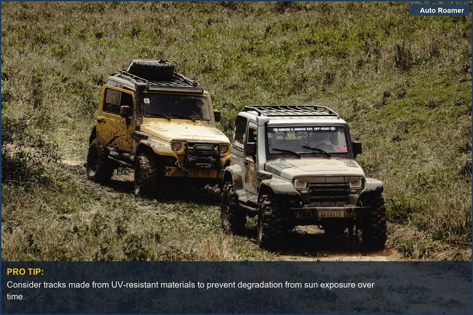 Two 4x4 vehicles driving through a muddy path, showcasing off-road adventure and the need for reliable recovery track material.