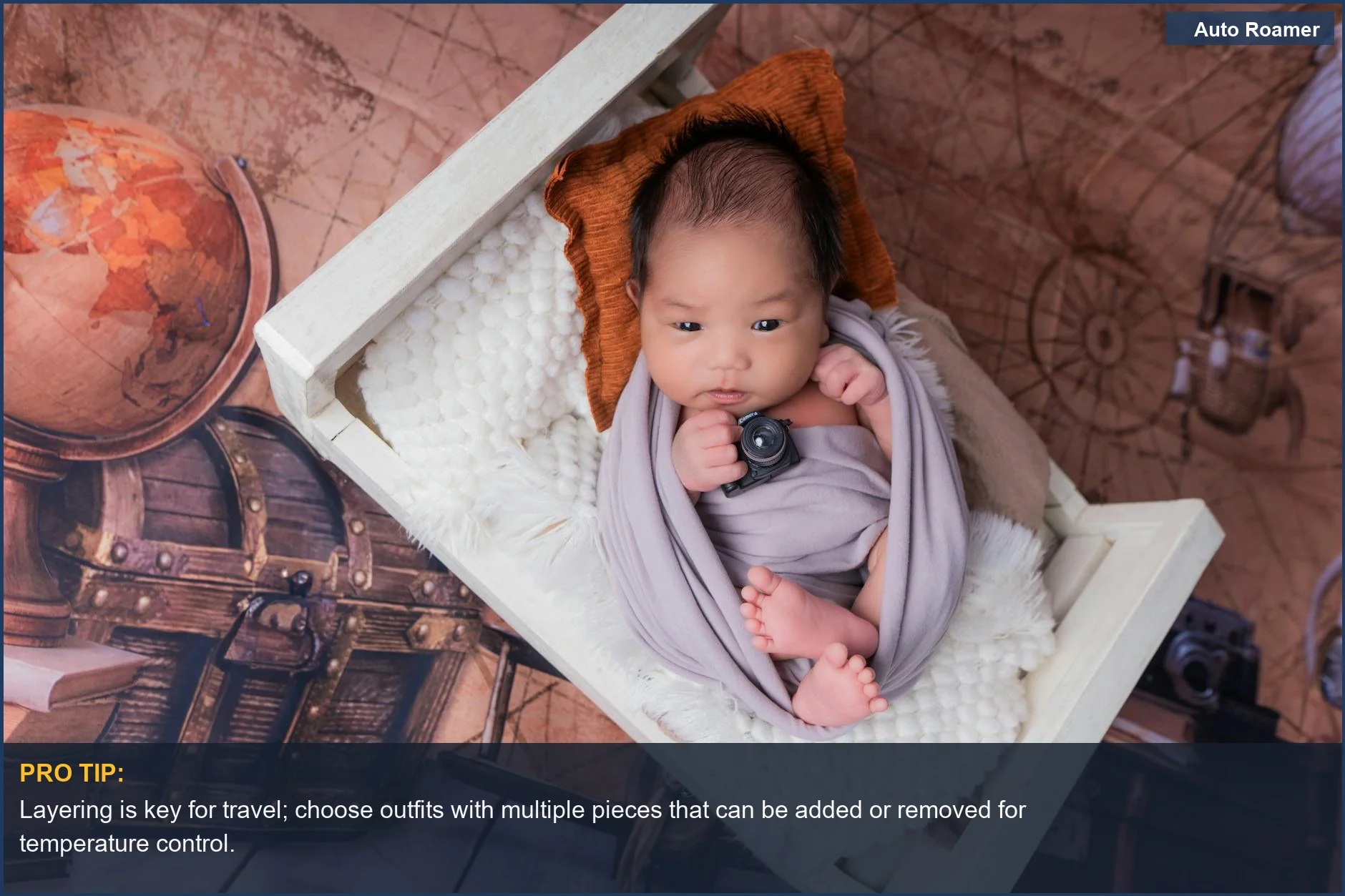 Newborn baby wrapped in a blanket with travel-themed background, emphasizing baby travel outfits sizing for trips.