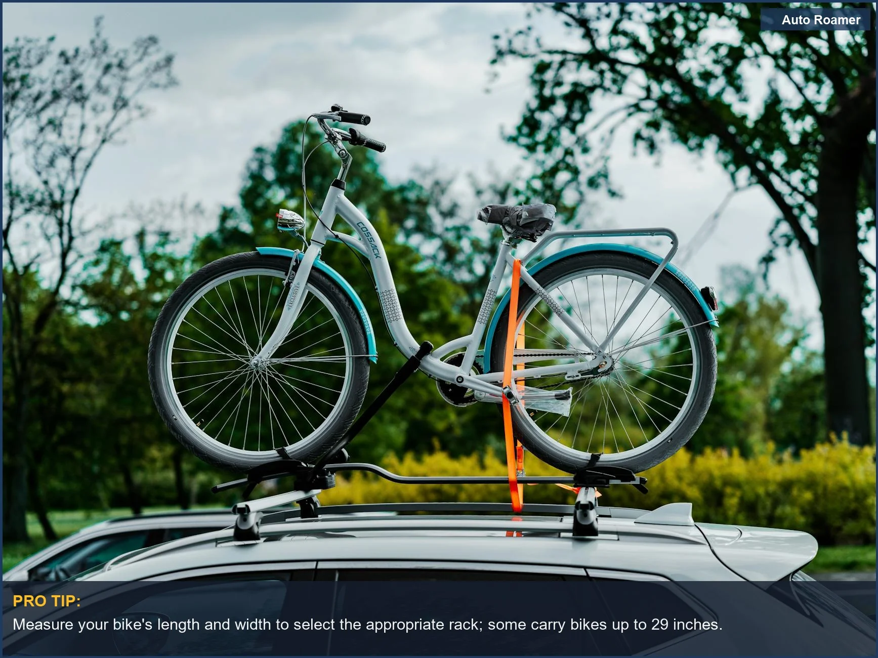 Bicycle mounted on a Hyundai Santa Cruz roof rack, ideal for Santa Cruz roof rack buying guide.