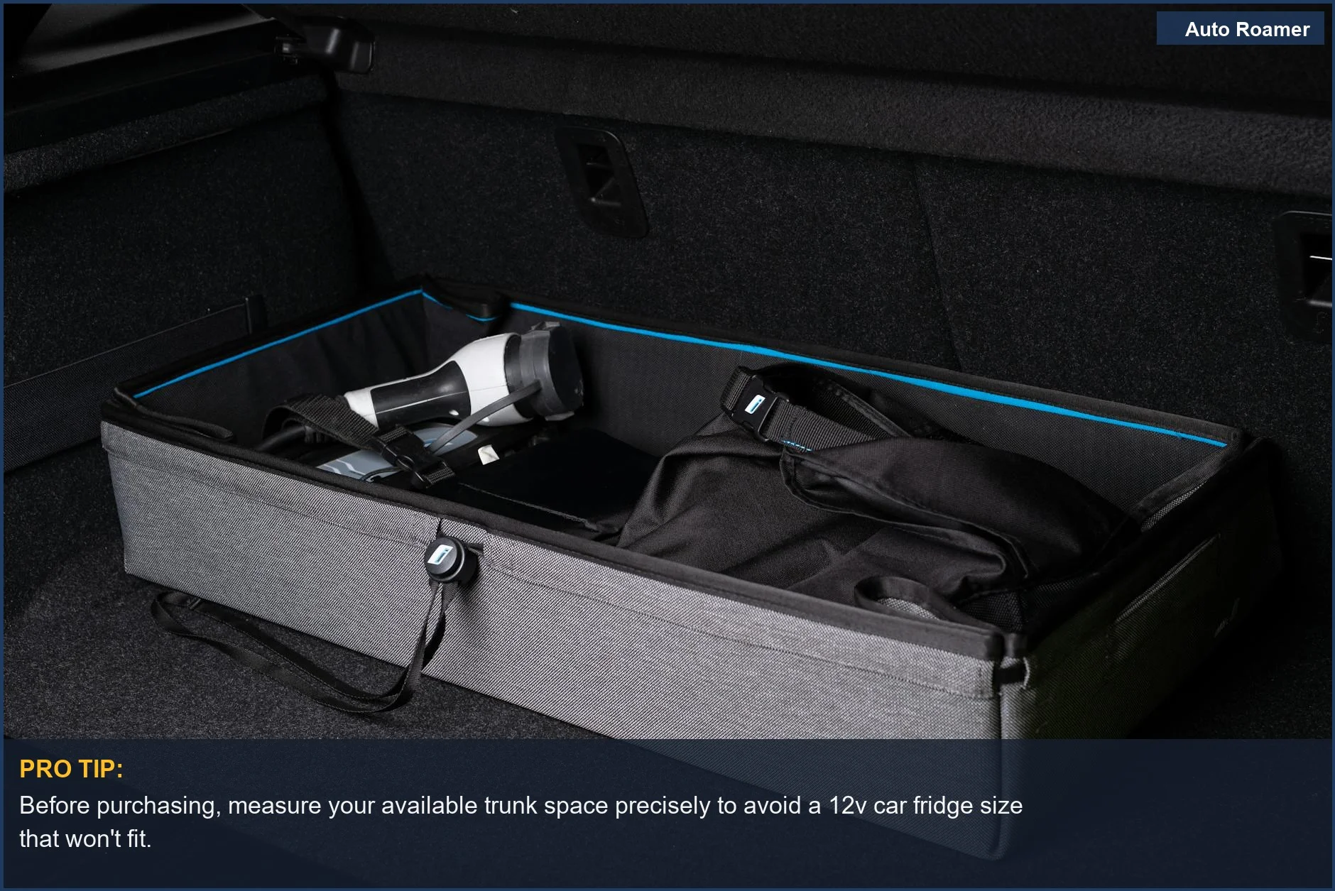 Organized car trunk with storage boxes and travel gear, demonstrating efficient use of space for a 12v car fridge.