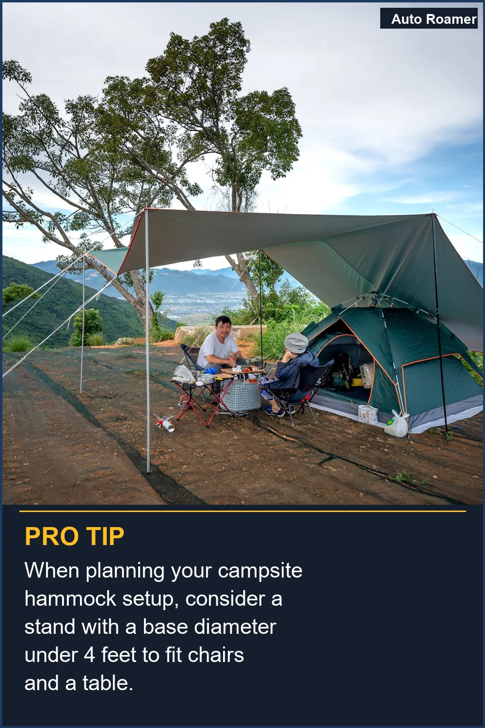 When planning your campsite hammock setup, consider a stand with a base diameter under 4 feet to fit chairs and a table.