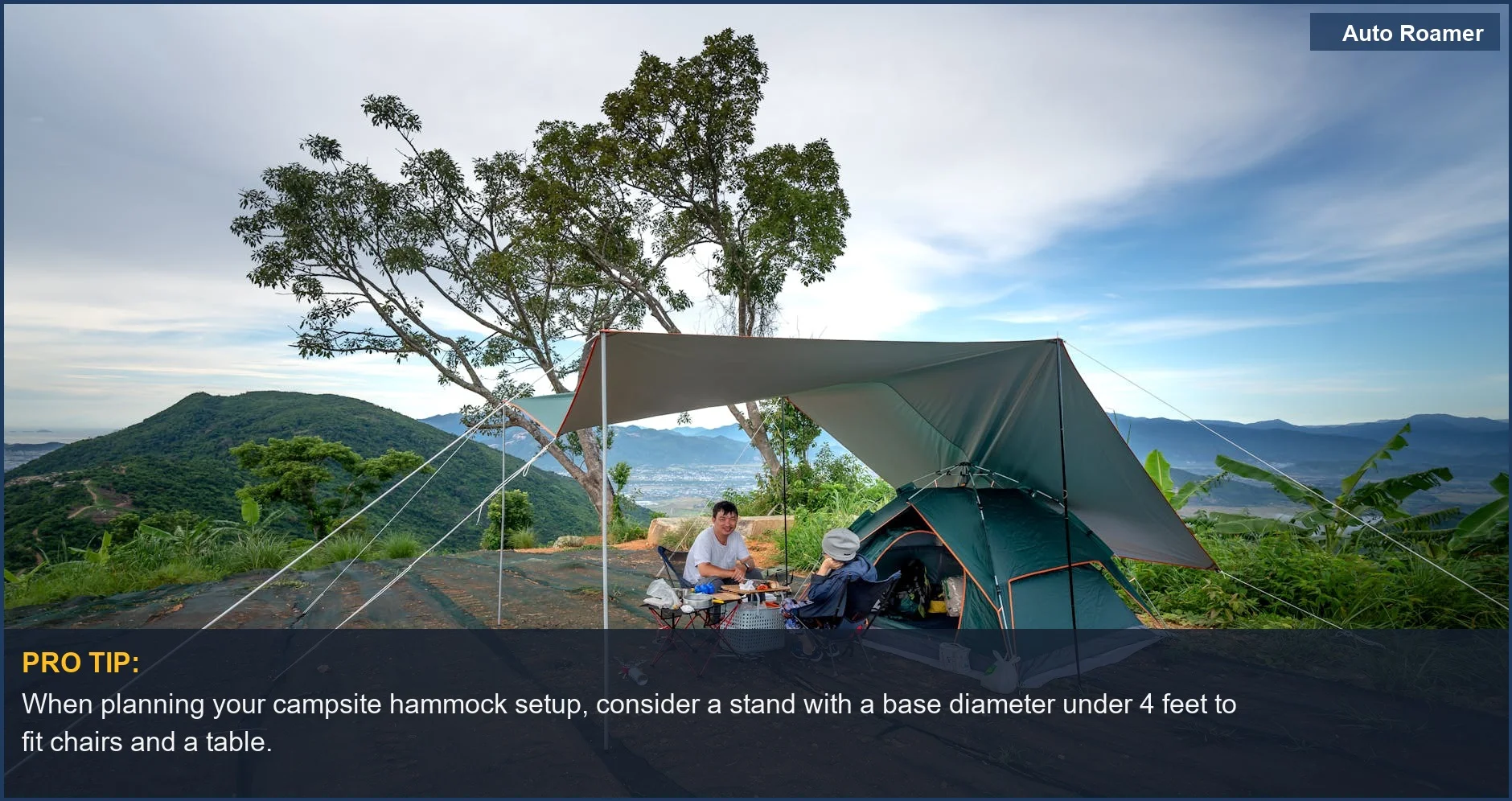 Outdoor mountainous campsite with tent and tarp, highlighting the importance of campsite hammock setup space.