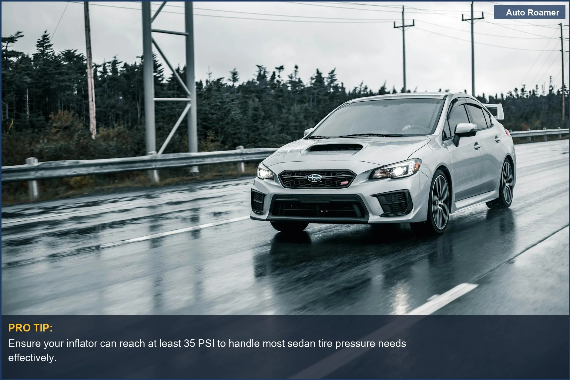 Silver sedan driving on a wet highway, illustrating the need for reliable car tire pump selection for safe travel.